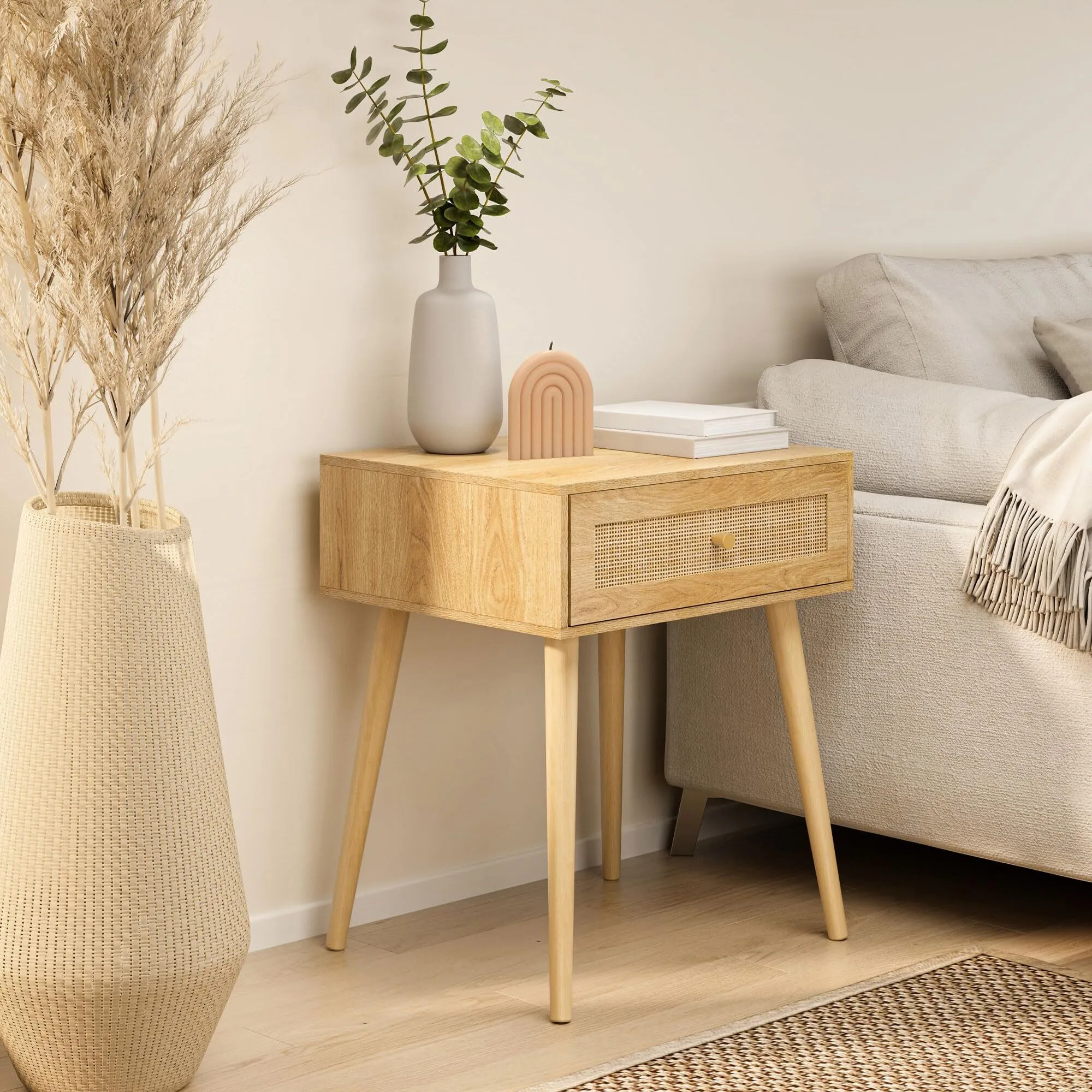 Bedside Table for Bedroom - Scandi Style Natural Rattan 1 Drawer Nightstand with Metal Handle & Tapered Legs - Boho Look Side Table for Living Room, Cane Bedside Cabinet for Bedroom Storage 1