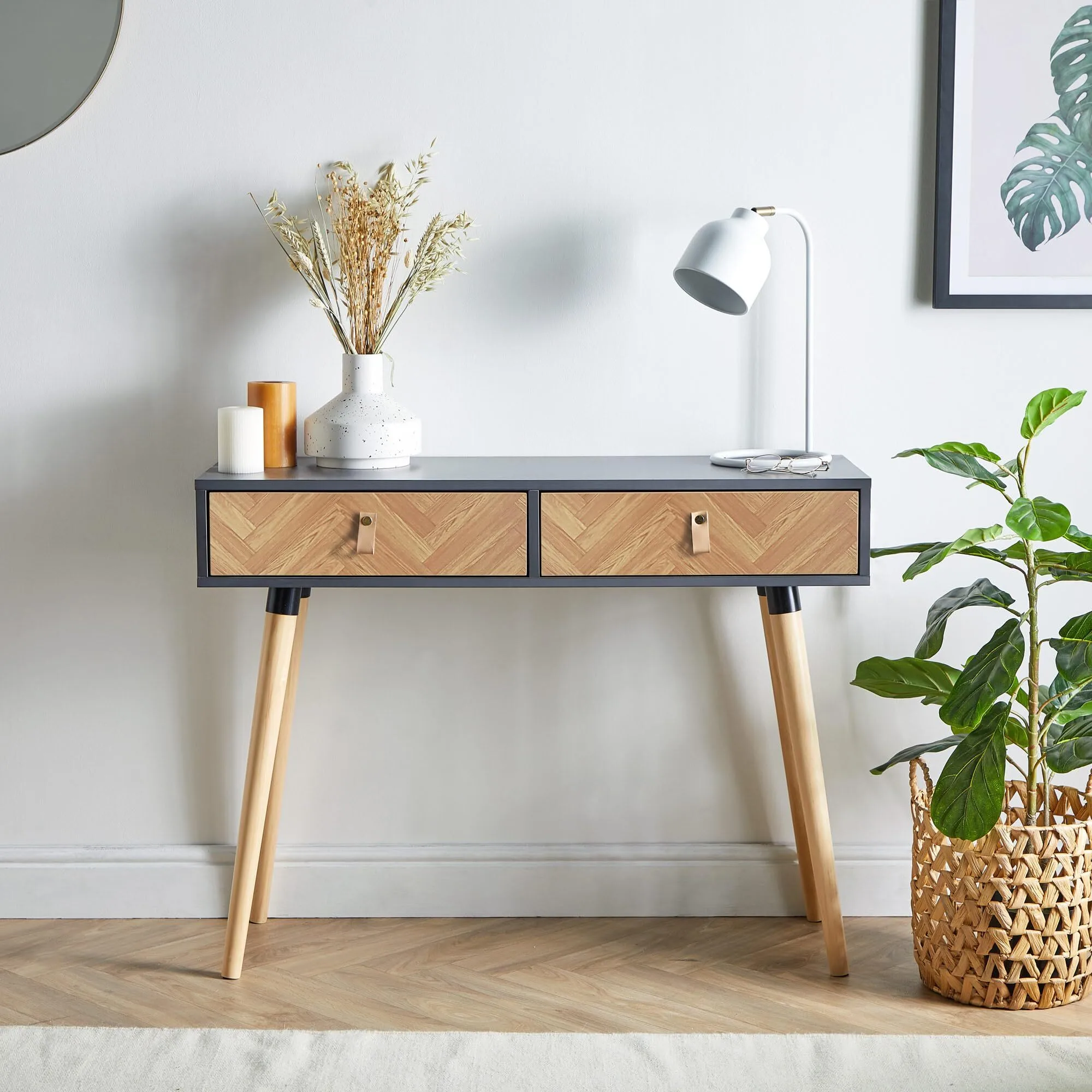 Console Table – Grey & Wood Effect Hallway Table - Scandi Style 2 Drawer Entryway Table - Modern Hall Table w/Tapered Legs & Faux Leather Handles - for Living Room & Lounge 1