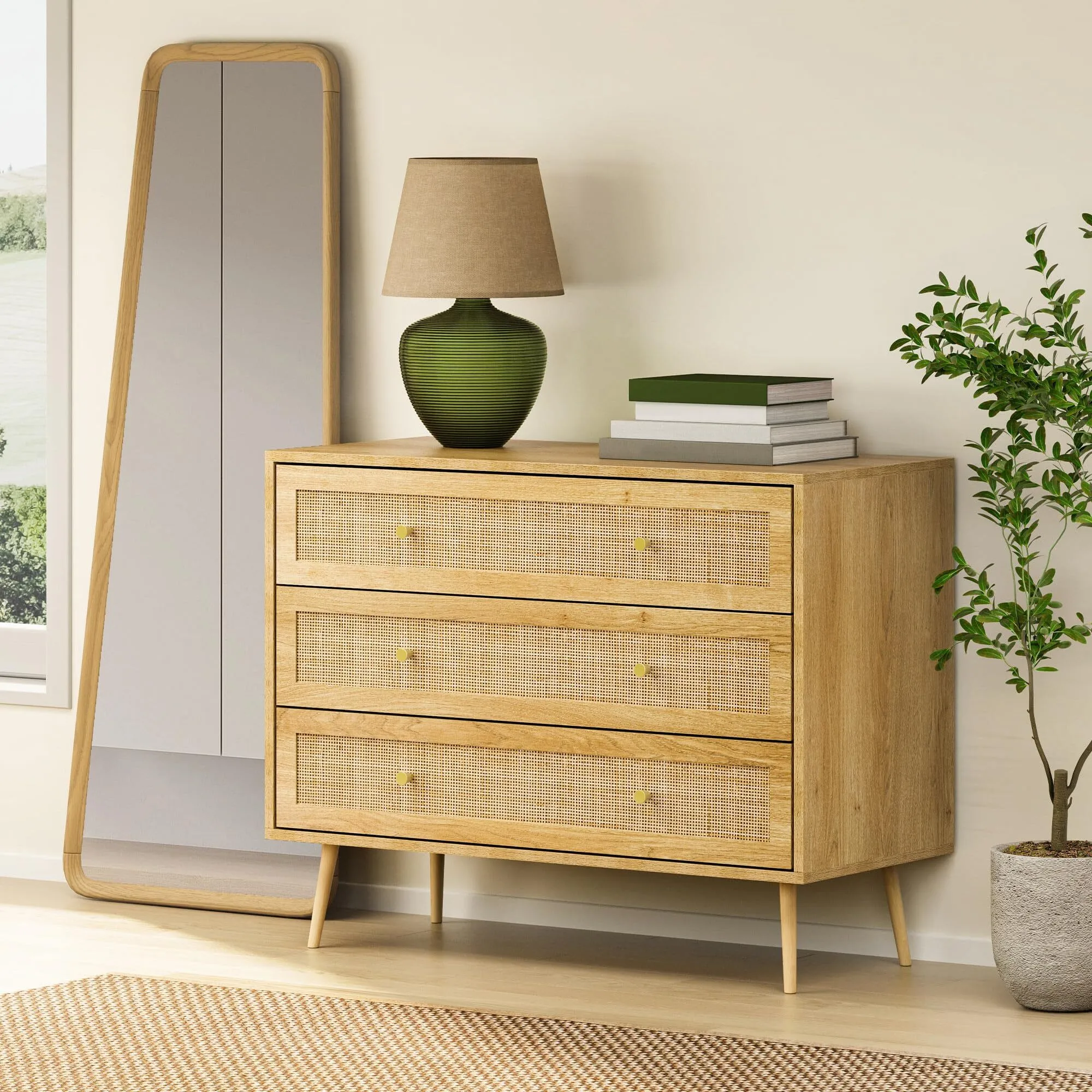 Chest of Drawers for Bedroom - Scandi Style 3 Drawer Natural Rattan Drawer Organiser with Metal Handle & Tapered Legs - Boho Look Storage Cabinet for Living Room, Cane Chest of Drawers Bedroom 1