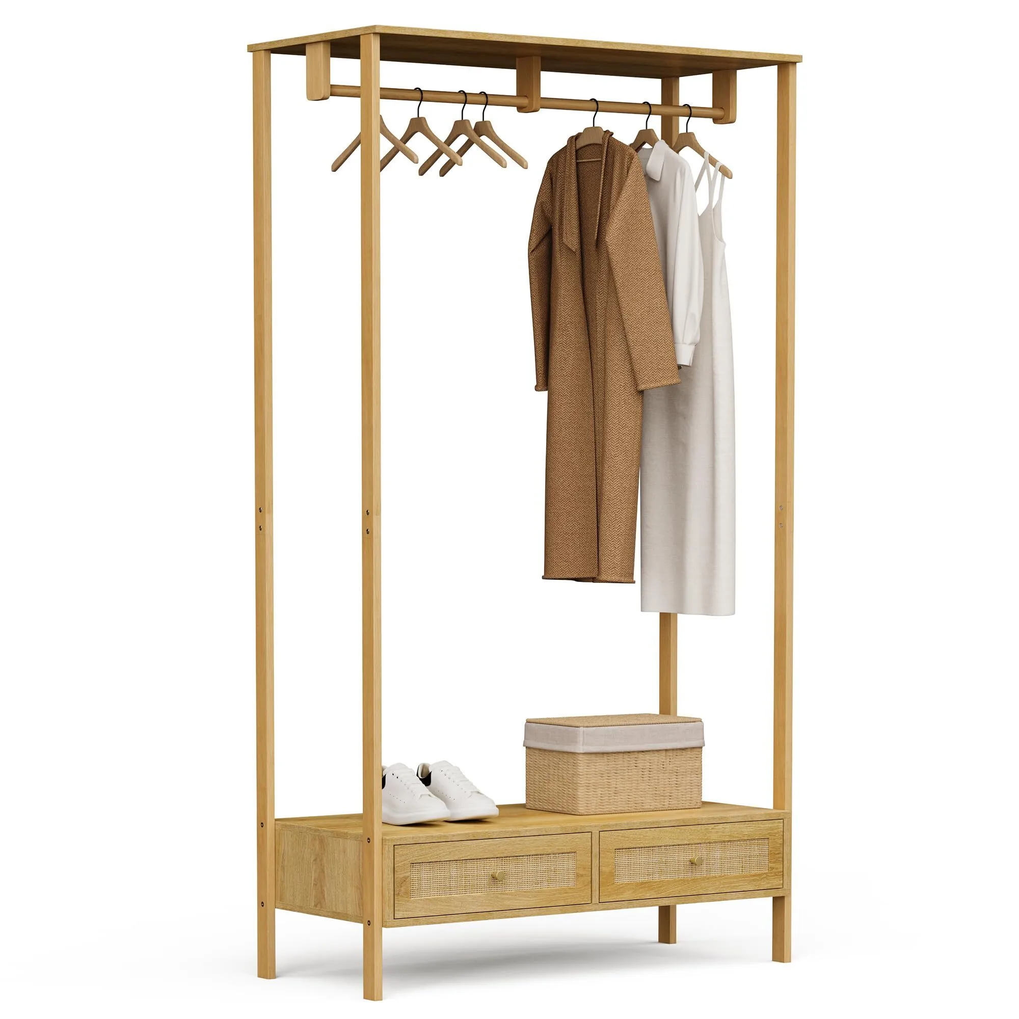 Ferrocarril de ropa para el dormitorio - Cajeros de vestir de ratán al estilo escandi 2 de ratán con manijas de metal - soporte de abrigo boho, sala de estar & pasillo, rieles de ropa, rieles colgantes para ropa 1