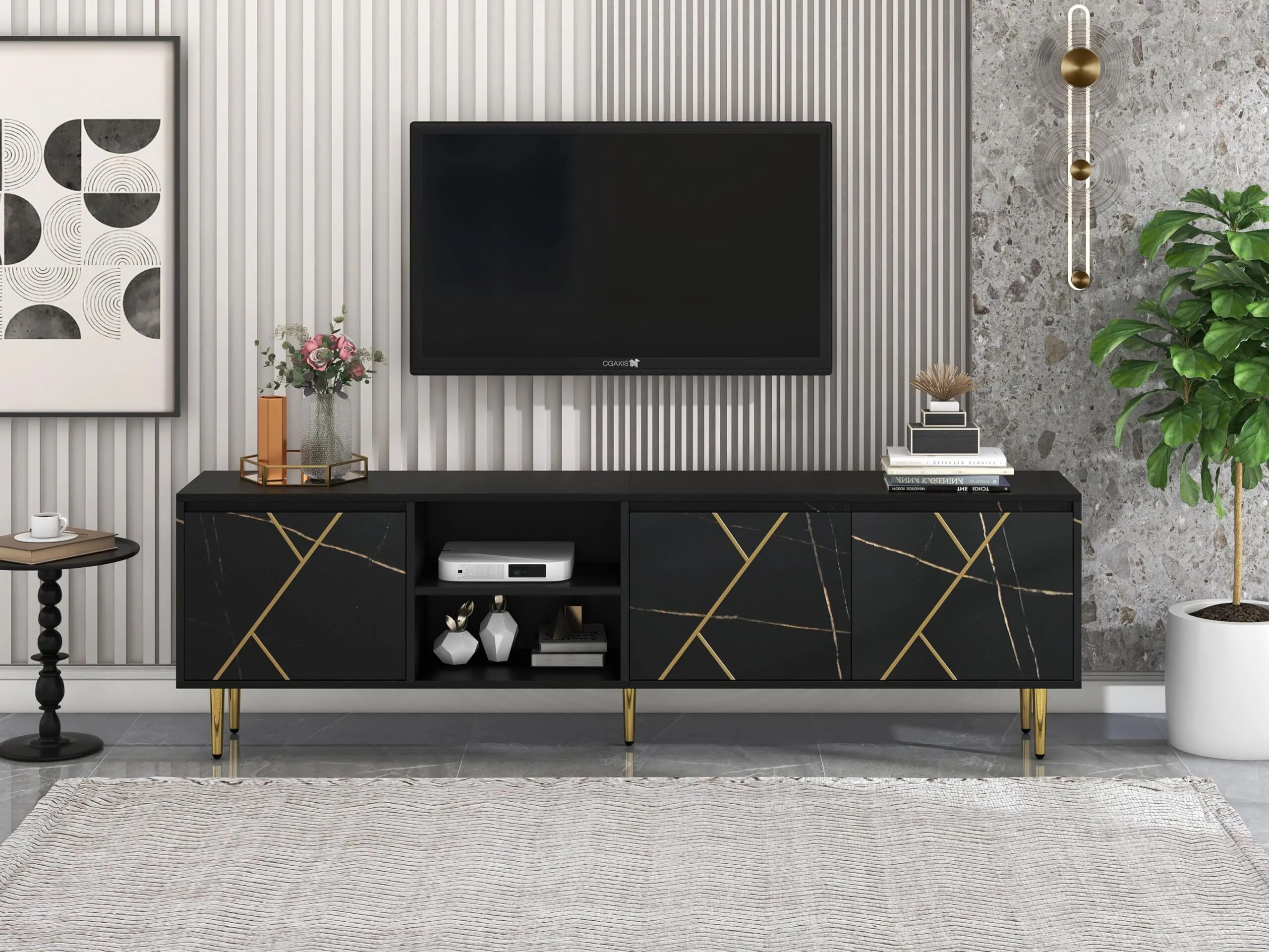 Combohome TV Cabinet for 90 Inch TV with 3 Doors and Modern Black Gold Design Large 200 x 35 x 60 cm 1