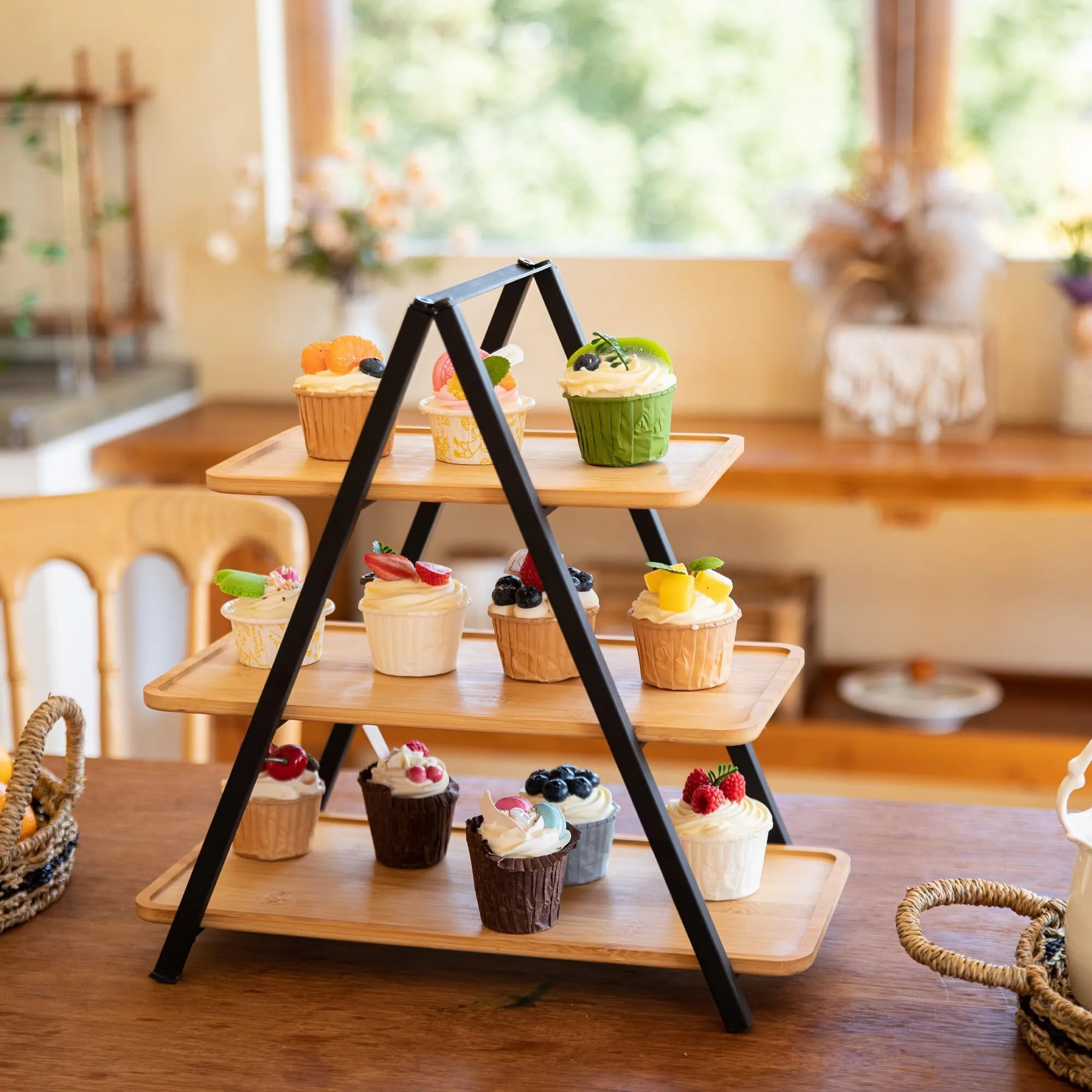 3 Tiered Bamboo Cupcake Stand for 50 Cupcakes, Dessert Table Display Set, Metal Cupcake Tower Display Stand for Dessert Table, Tiered Serving Trays for Birthday Wedding Baby Shower Tea Party 1
