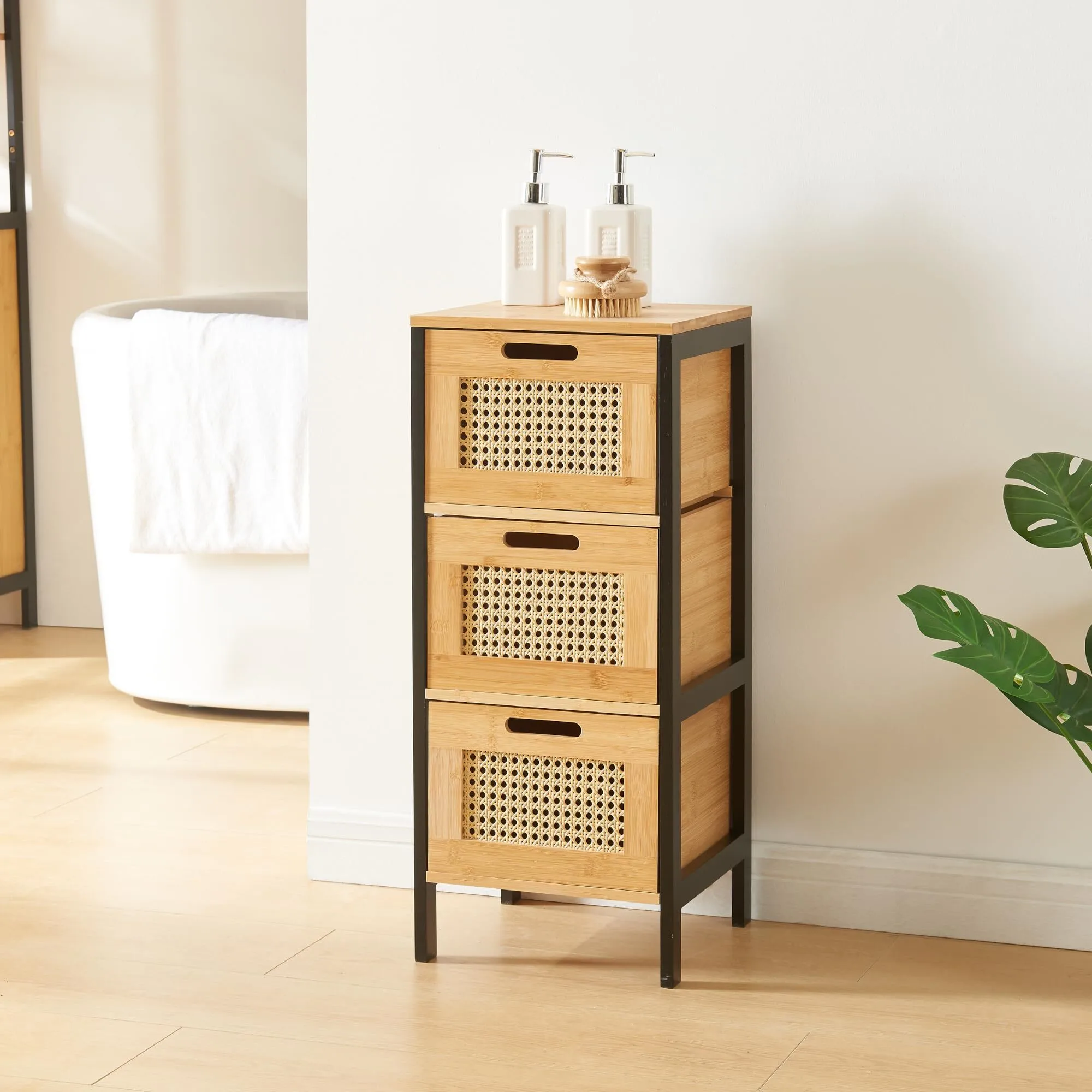 Chest of drawers Tervola chest of drawers bathroom cabinet with 3 drawers black natural and rattan look 72x30x30cm 1