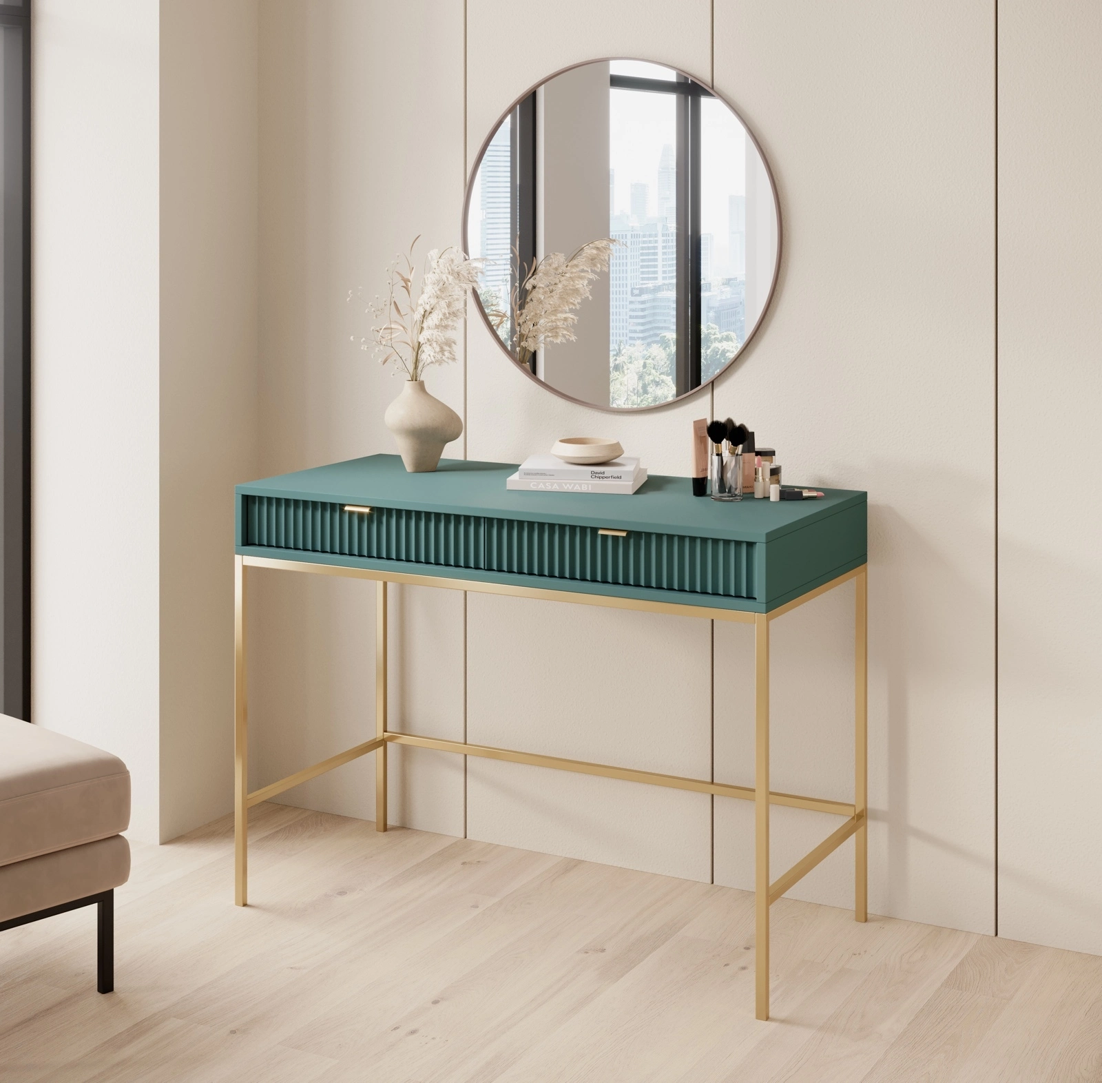 Dressing table with drawers gold legs/gold handles,Console Table for living room,Veldio Dressing Table with Two Drawers and Golden Metal Frame 1
