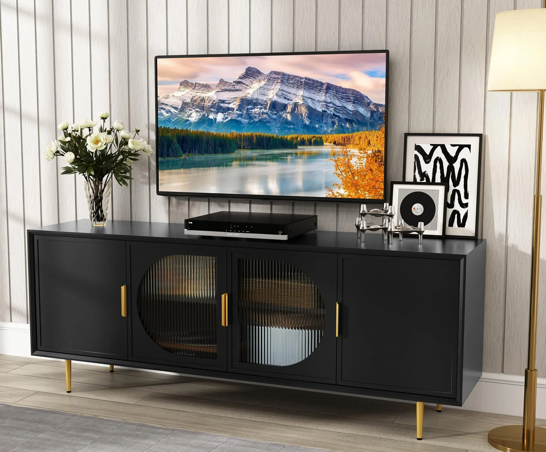 TV moderne pour 70 pouces TV, console TV noire avec 4 portes en verre 1