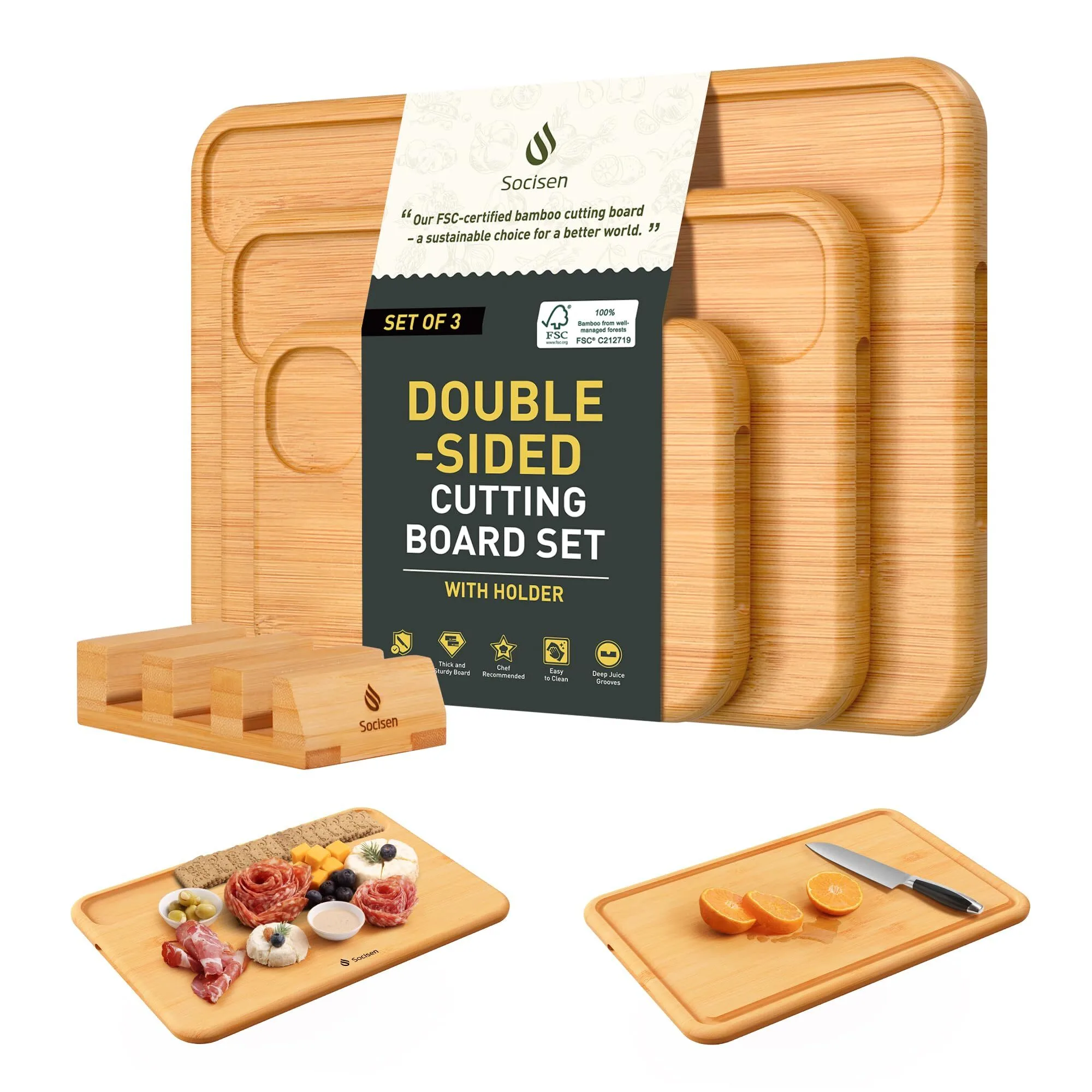 3 Packs Bamboo Cutting Board Set with Holder Wood Cutting Boards for Kitchen with Juice Grooves Built-in Handles 1