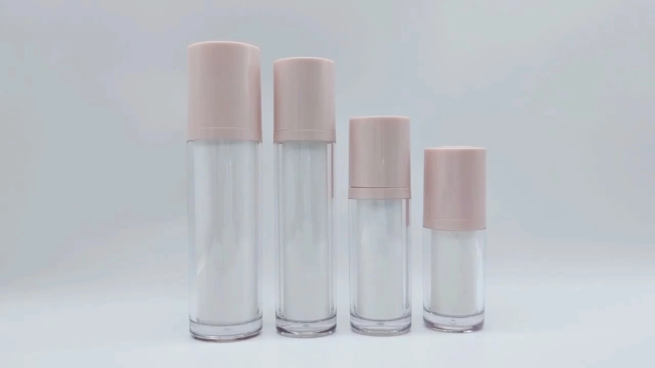 Envase cosmético de esencia transparente de doble capa, botellas de plástico PET acrílico con tapa rosa y bomba. 1