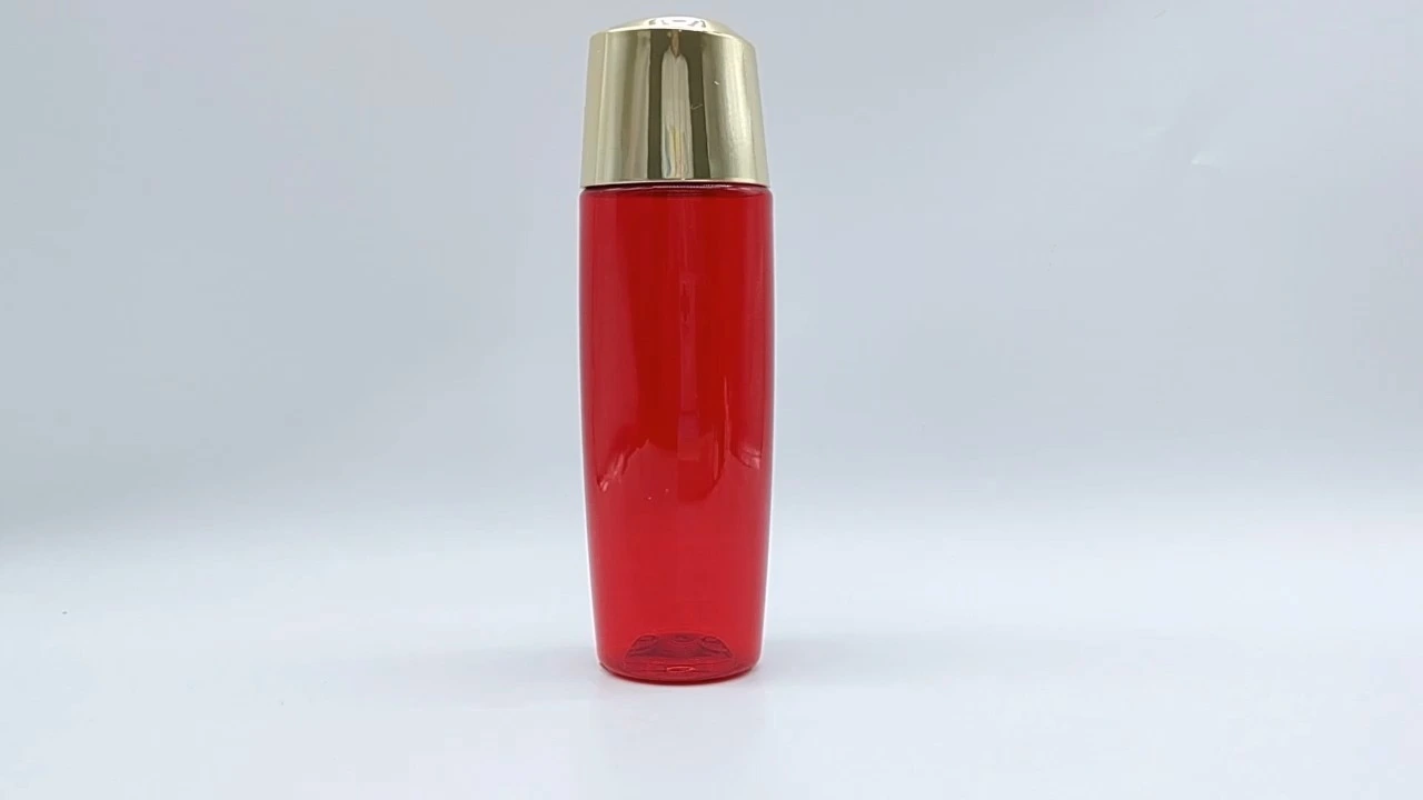 Botella roja vibrante con tapa dorada, 150 ml, para loción, champú, esencia, espuma, envase de PE, plástico, PS y PET. 1