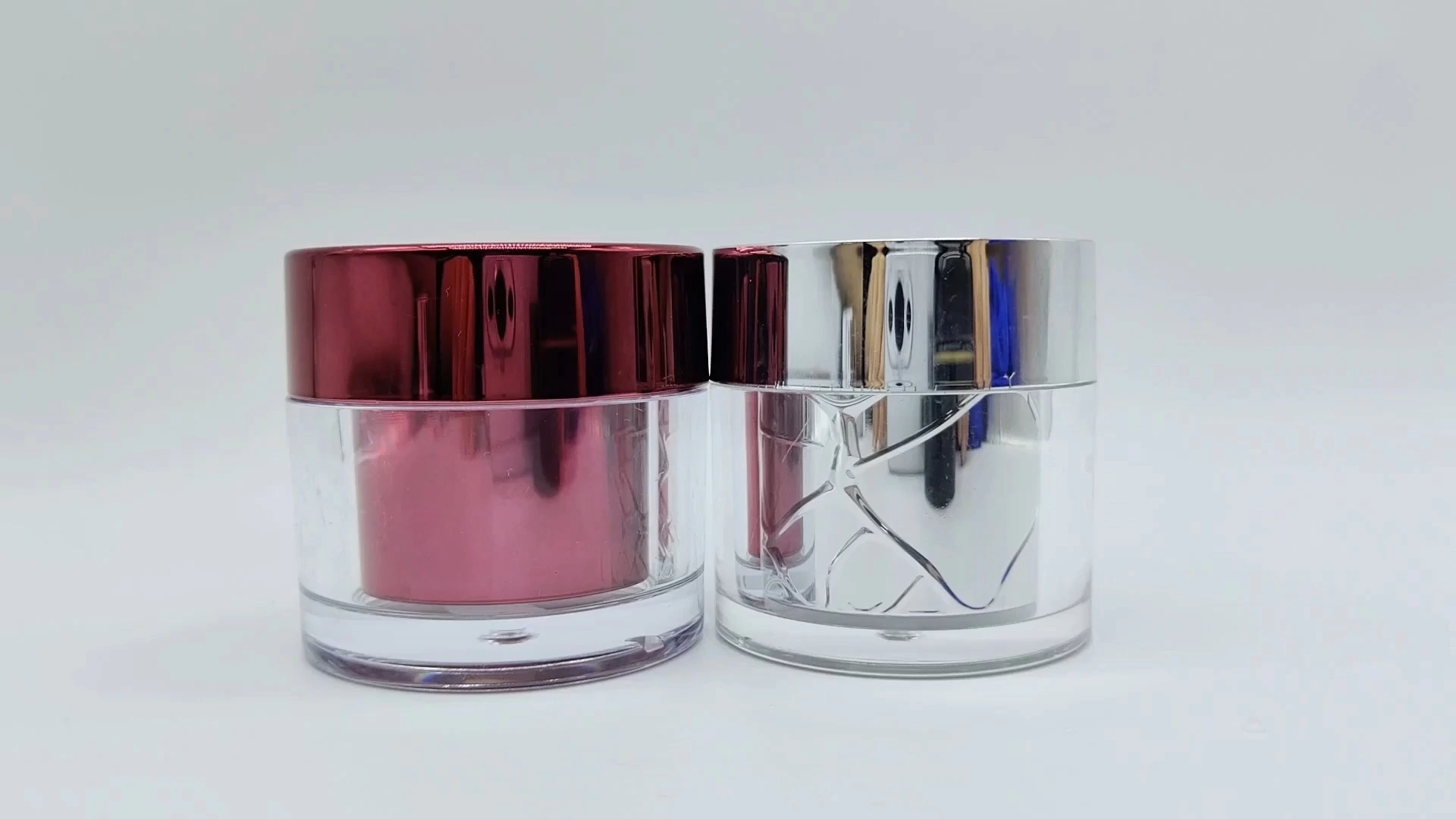 Frascos de plástico PE-AS de 50 ml para cremas faciales, cuidado de la piel y manos, de alta calidad, con interior de doble pared, diseño en rojo vino/plateado y acabado galvanizado. 1