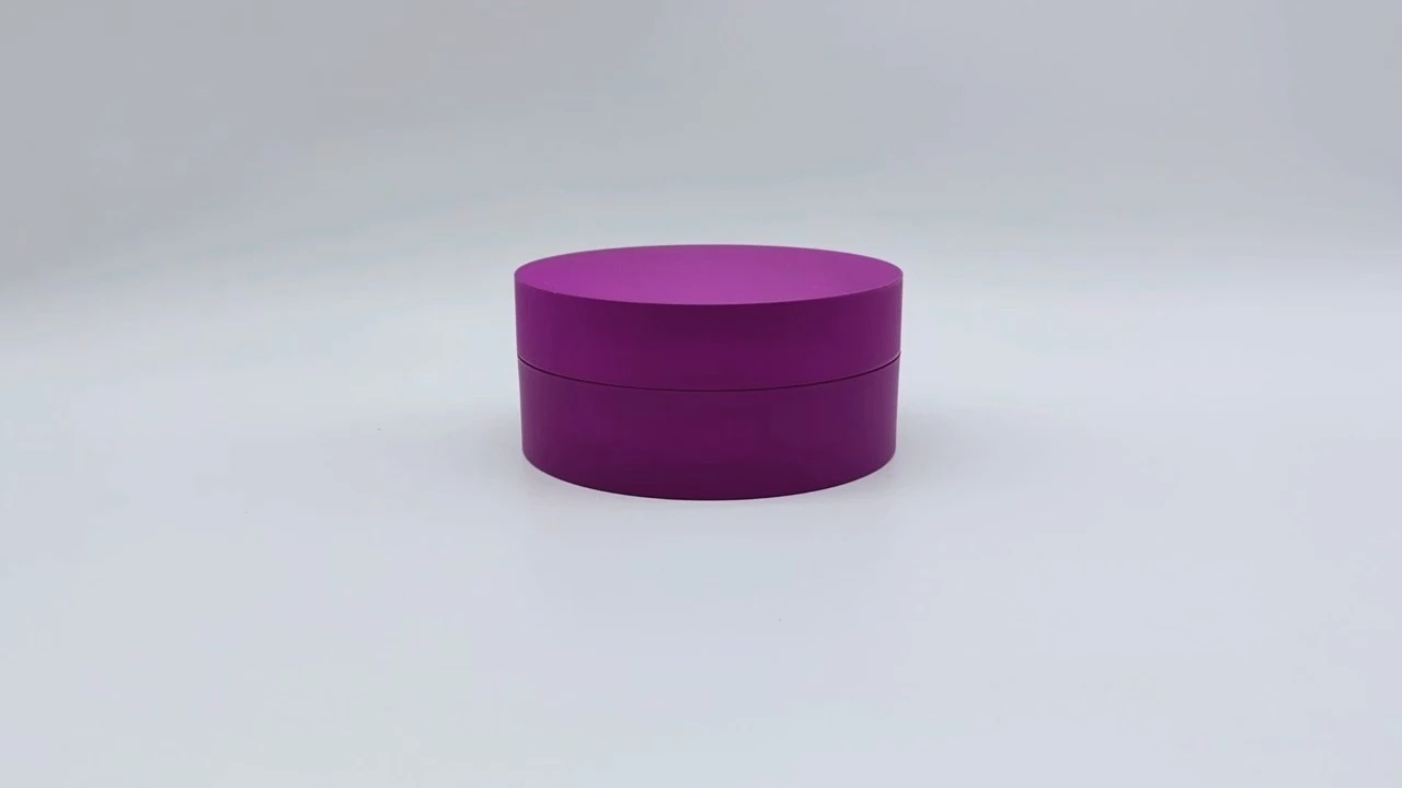 Envase único de plástico PE para cremas faciales y de manos, con forma de cilindro plano personalizado, color morado, de doble pared y doble cámara, de 60 ml + 60 ml, para el cuidado de la piel. 1