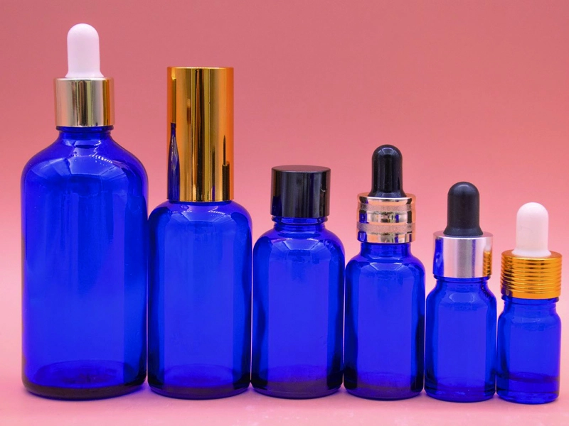 Glamorous Packaging Blue Glass Serum Oil and Essence Bottles with Different Droppers 1