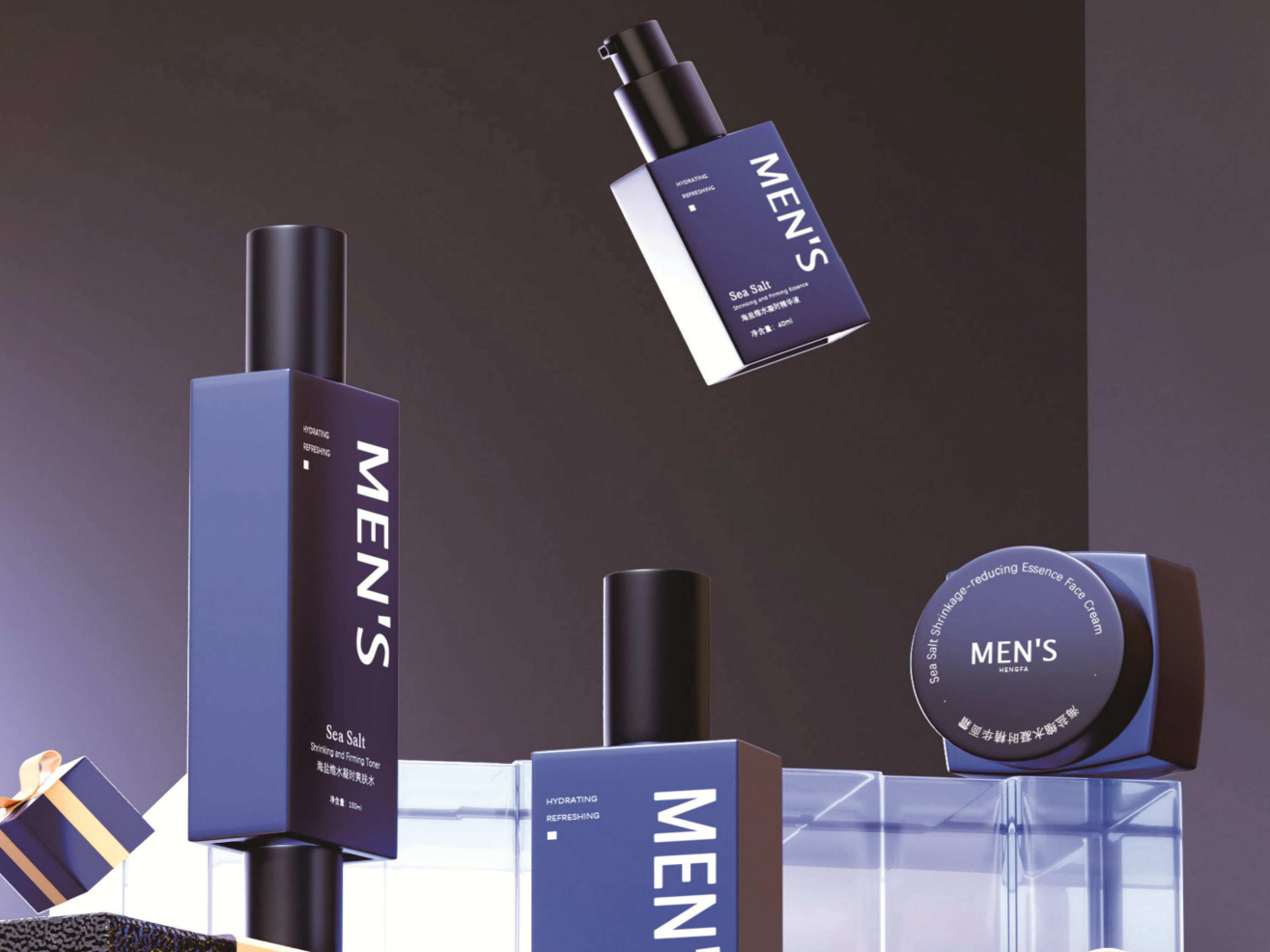 Men's Sea Salt Hautpflegeserie | Set mit quadratischen blauen Pflegeflaschen (150/120/40 ml Lotion, 50/30 ml Cremetiegel) für erfrischende und regenerierende Hautpflege 1