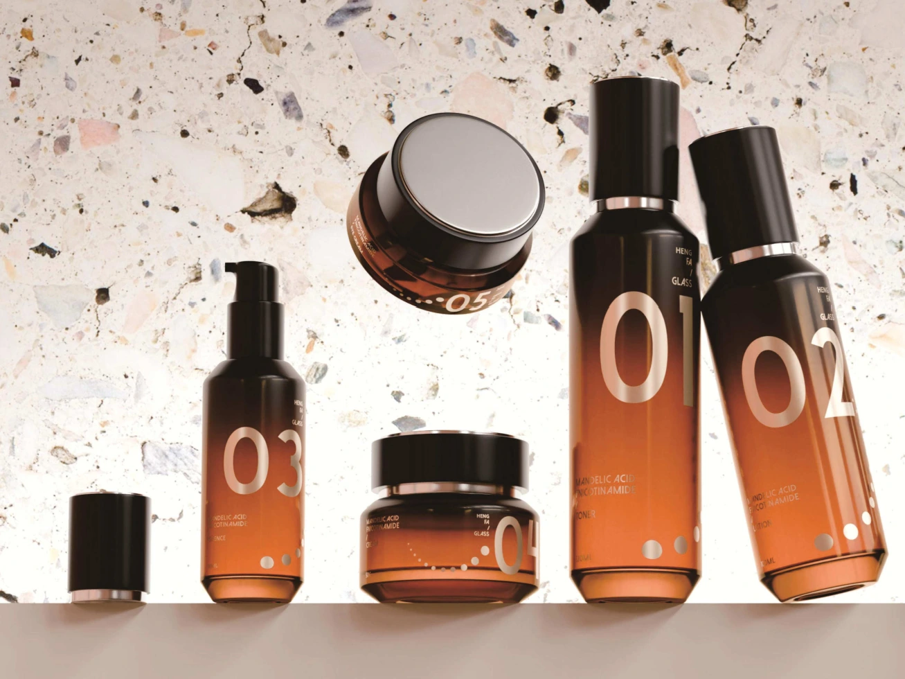 Gradient Amber Skin Care Series | Round Glass Bottle Set (120/100/40ml Lotion, 50/30ml Cream Jar) for Daily Moisturizing & Repair Skincare 1