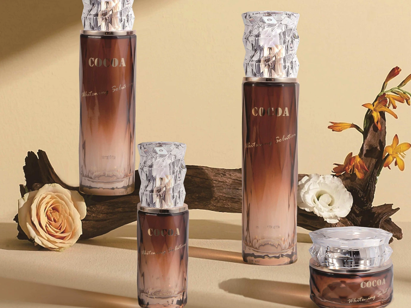 Crystal Cap Gradient Skin Care Series | Brown-to-Amber Glass Bottle Set (120/100/40ml Lotion, 50/30ml Cream Jar) for Whitening & Daily Care 1