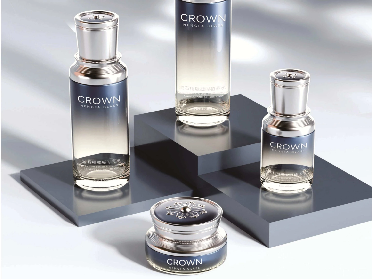 Crown Cap Blue-Silver Gradient Skincare Packaging Set | 120/100/40ml Lotion Bottles & 50/30ml Cream Jars for Premium Anti-Aging Lines 1