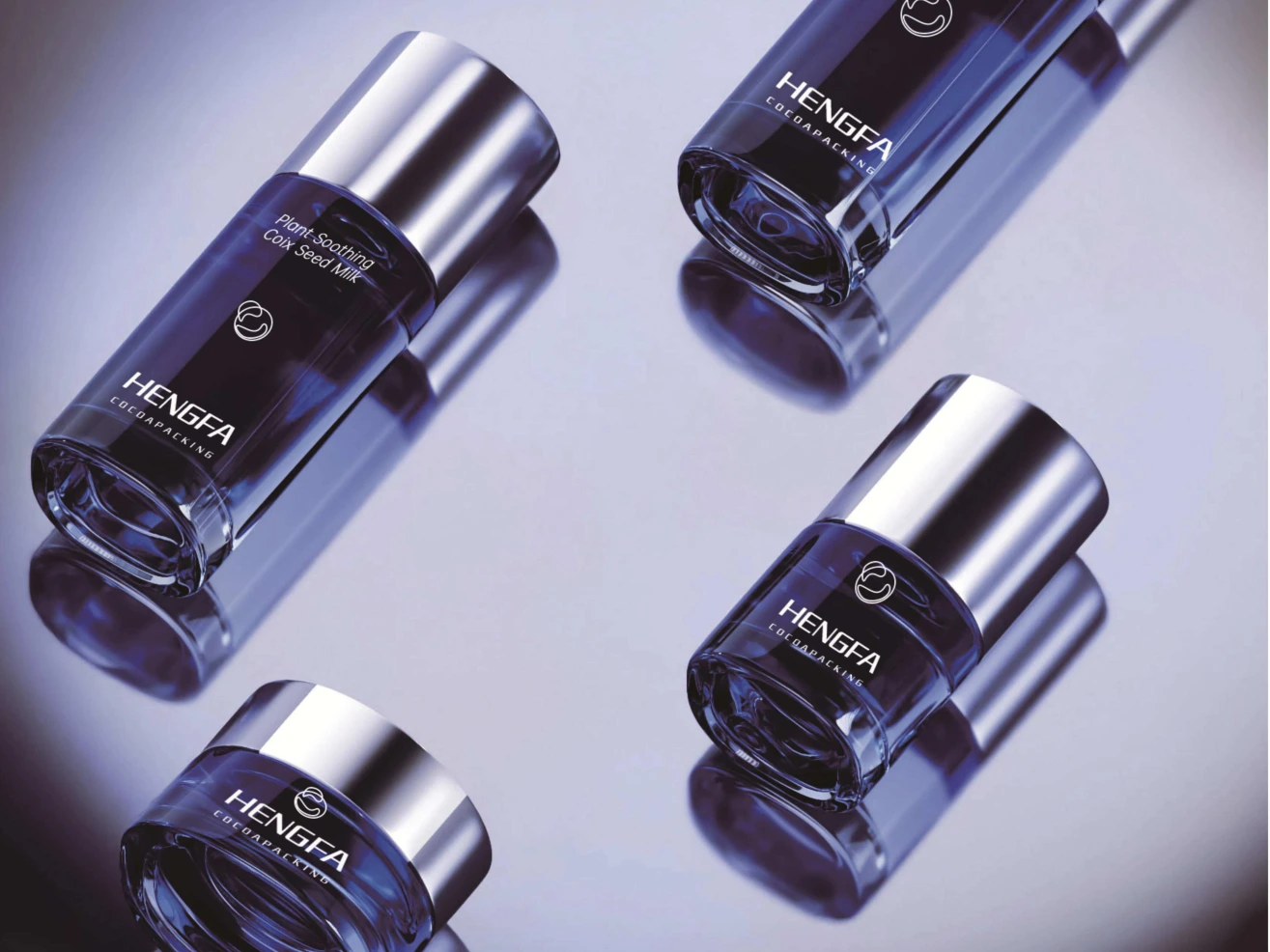 Deep Blue Gradient Cylindrical Skincare Packaging Set | 120/100/40ml Lotion Bottles & 50/30ml Cream Jars for Calming & Plant-Based Skincare Lines 1