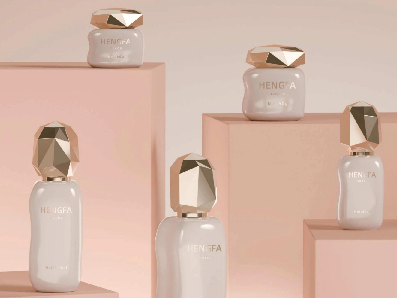 Irregular Shaped White Skincare Packaging Set | 120/100/40ml Lotion Bottles & 50/30ml Cream Jars with Faceted Gold Caps 1