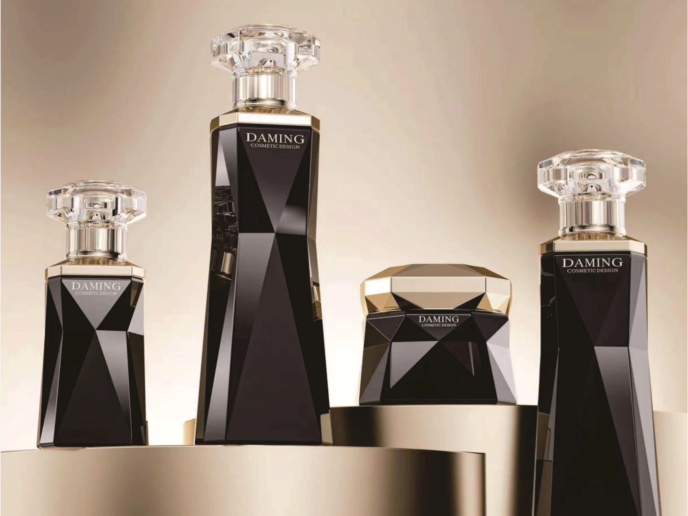 Black Diamond Faceted Luxury Skincare Packaging Set | 120/100/40ml Lotion Bottles & 50/30ml Cream Jars for Premium Anti-Aging Lines 1