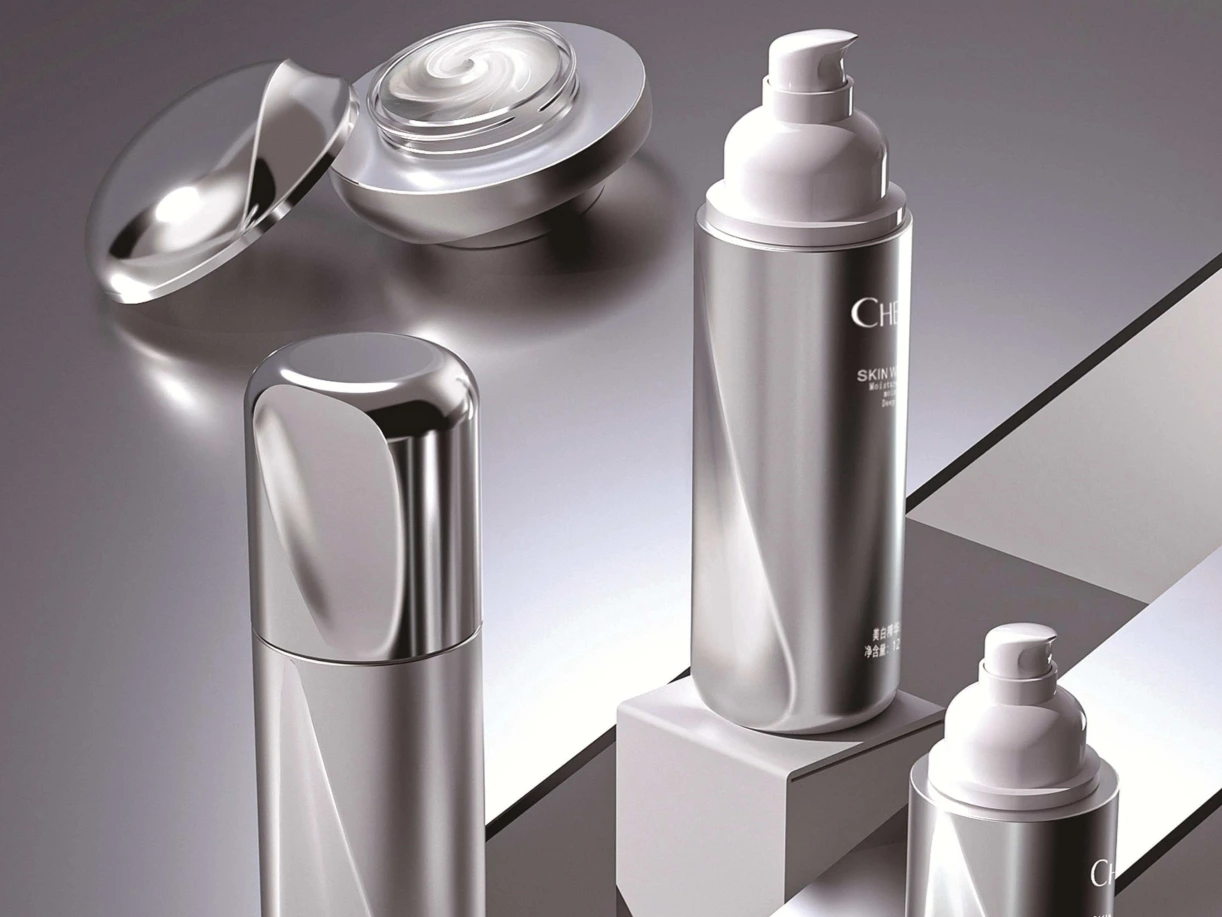 Metallic Silver Curved Skincare Packaging Set | 120/100/40ml Lotion Bottles & 50/30ml Cream Jars for Modern Minimalist Lines 1