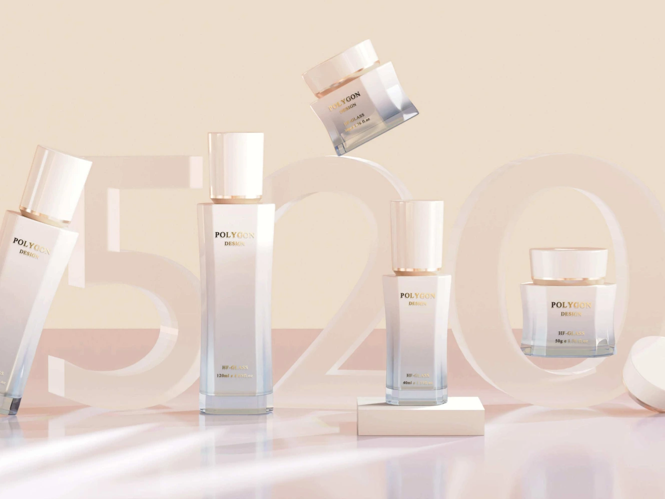 Transparentes, polygonales Verpackungsset für Hautpflegeprodukte mit Farbverlauf | 120/100/40 ml Lotionflaschen &amp; 50/30 ml Cremetiegel für minimalistische und sanfte Hautpflegelinien 1