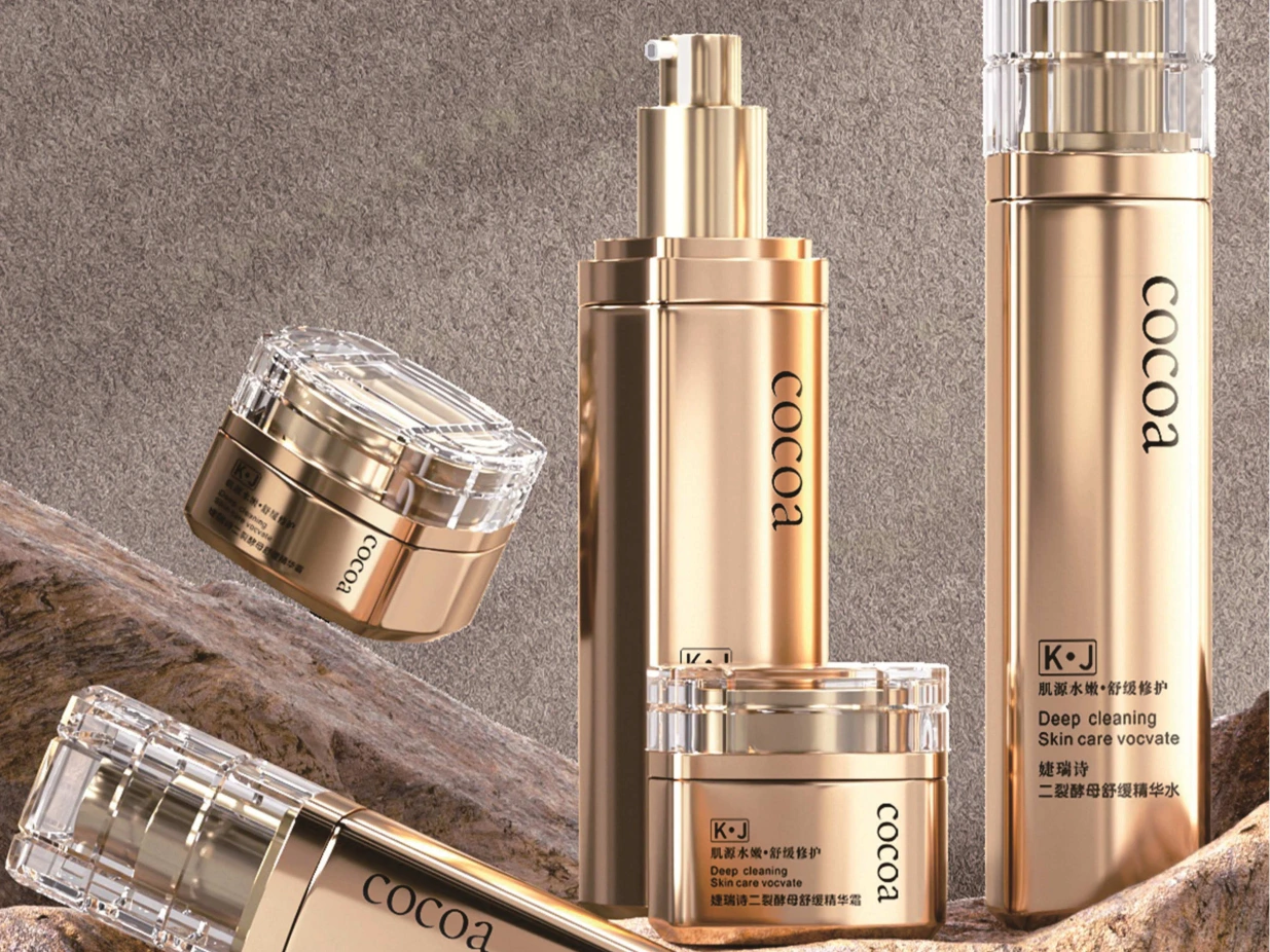 Luxury Metallic Gold with Crystal Cap Skincare Packaging Set | 120/100/40ml Lotion Bottles & 50/30ml Cream Jars for Premium Repair & Soothing Lines 1