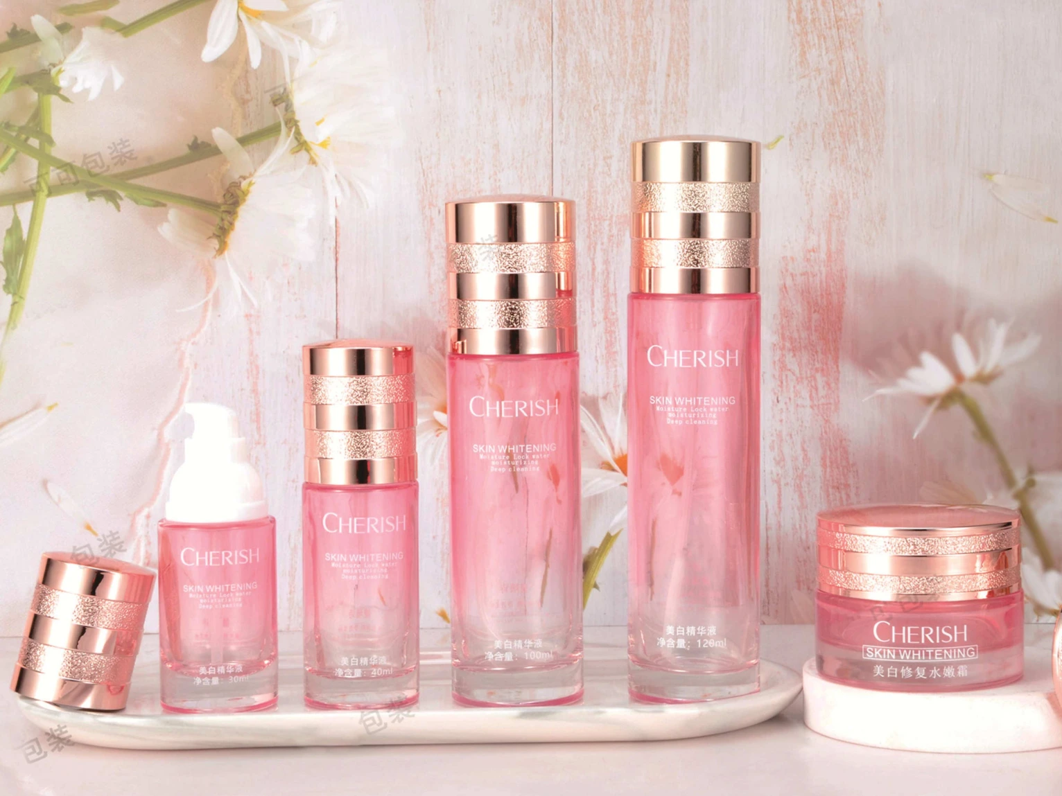 Pink Transparent with Rose Gold Cap Skincare Packaging Set | 120/100/40ml Lotion Bottles & 50/30ml Cream Jars for Whitening & Repair Lines 1