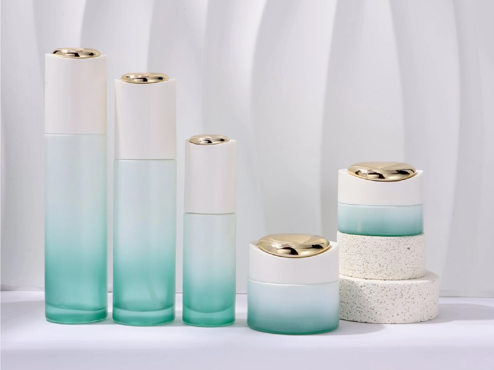 Light Green Gradient with White & Gold Cap Skincare Packaging Set | 120/100/40ml Bottles & 50g/30g Jars for Fresh Hydrating Lines 1
