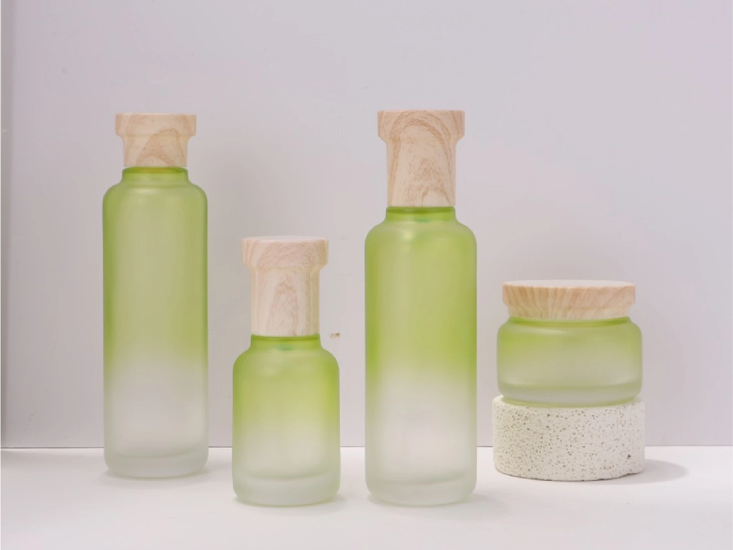 Green Gradient Frosted Glass with Wood Cap Skincare Packaging Set | 120/100/40ml Lotion Bottles & 50/30ml Cream Jars for Natural & Organic Lines 1