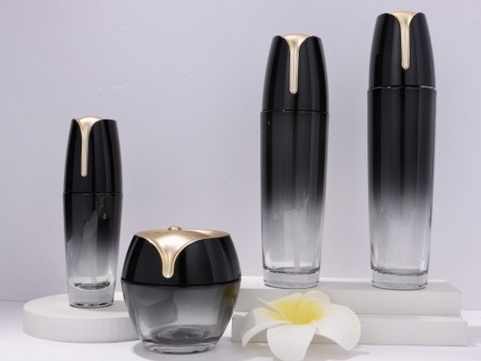 Hautpflege-Verpackungsset mit Schwarz-Weiß-Farbverlauf und goldenem Tropfenverschluss | 120/100/40 ml Lotionfläschchen &amp; 50 g Cremetiegel für Premium-Anti-Aging-Linien 1