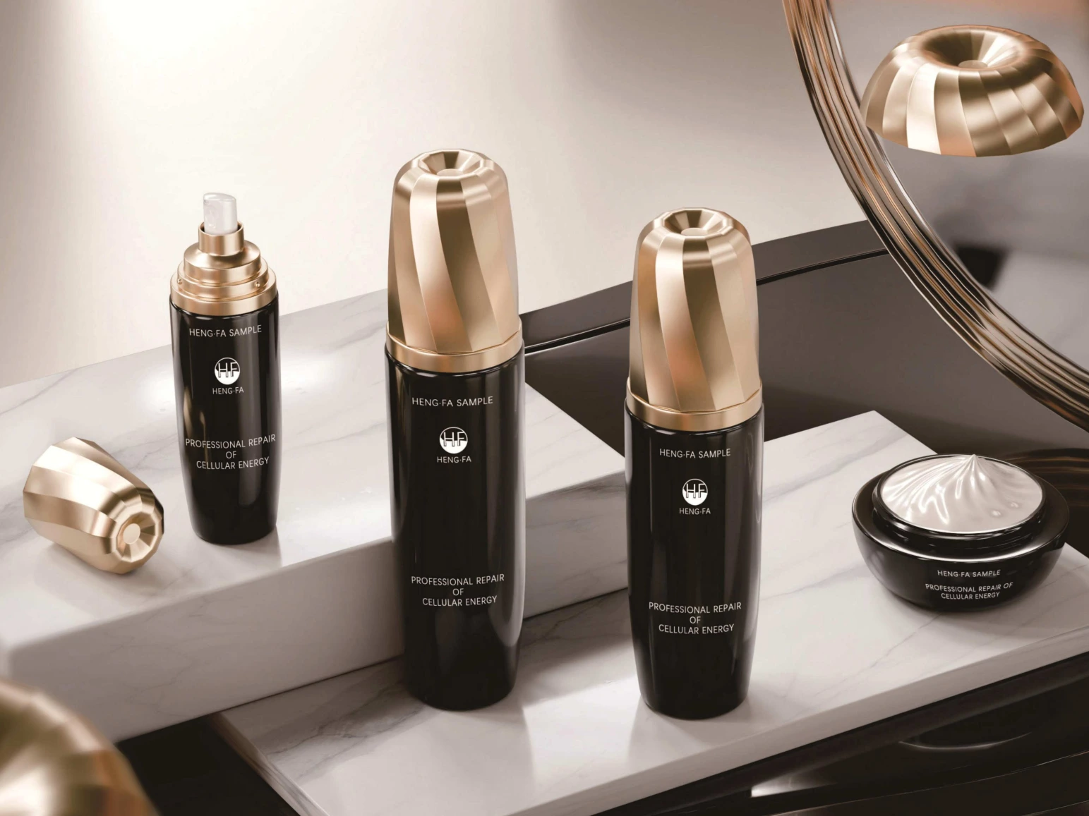 Black Glossy with Faceted Gold Cap Skincare Packaging Set | 120/100/40ml Lotion Bottles & 50/30ml Cream Jars for Cellular Repair Lines 1