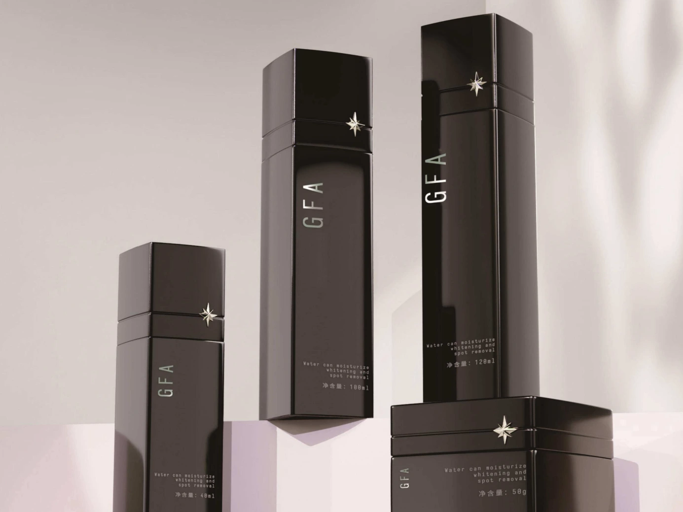 Glänzendes schwarzes quadratisches Verpackungsset mit Sternenakzenten für Hautpflegeprodukte | 120/100/40 ml Lotionflaschen &amp; 50/30 ml Cremetiegel für moderne aufhellende Pflegelinien 1