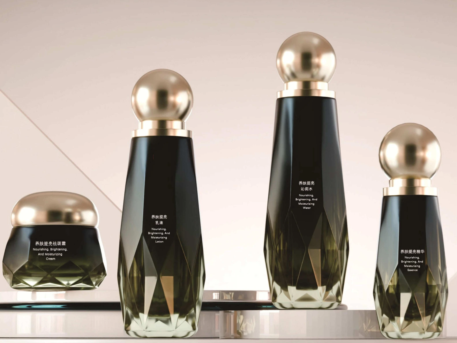 Dark Green Diamond-Cut with Gold Ball Cap Skincare Packaging Set | 120/100/40ml Lotion Bottles & 50/30ml Cream Jars for Nourishing Brightening Lines 1