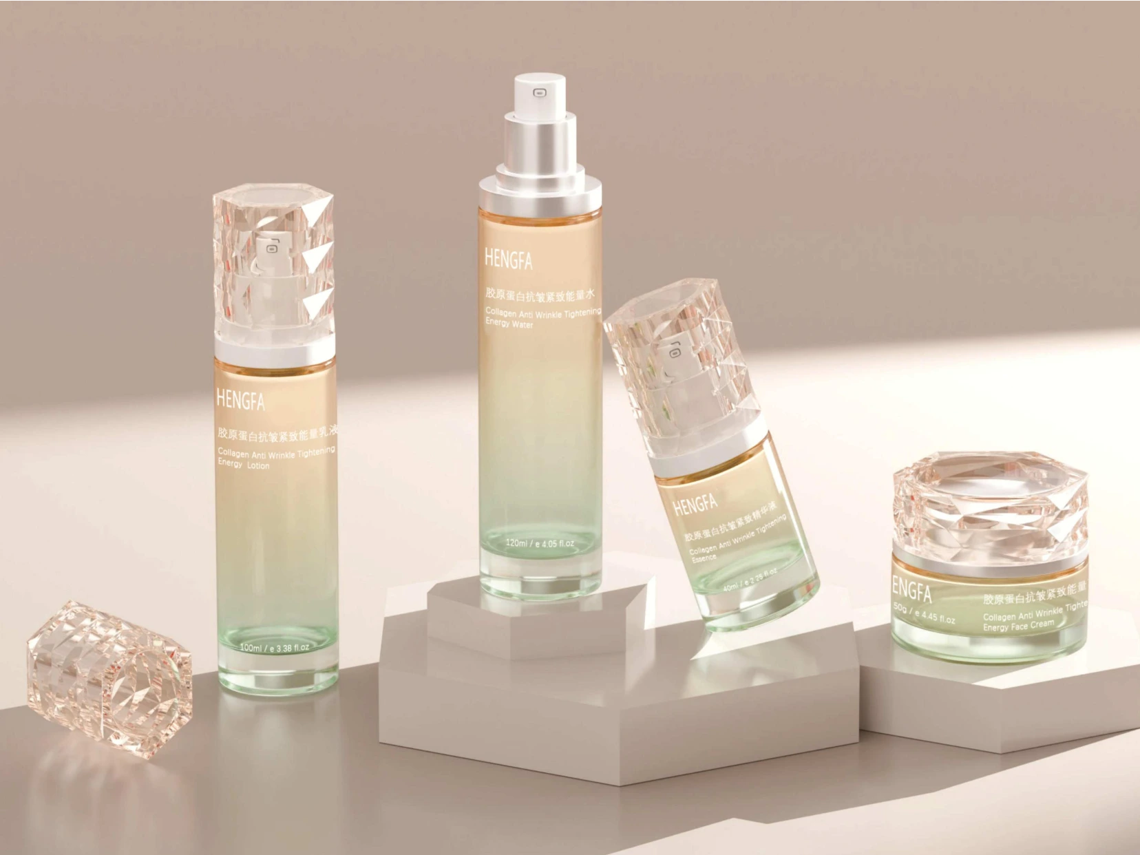 Hautpflege-Verpackungsset in Pfirsichgrün mit diamantgeschliffenem Kristallverschluss | 120/100/40 ml Lotionfläschchen &amp; 50/30 ml Cremetiegel für Kollagen-Anti-Falten 1