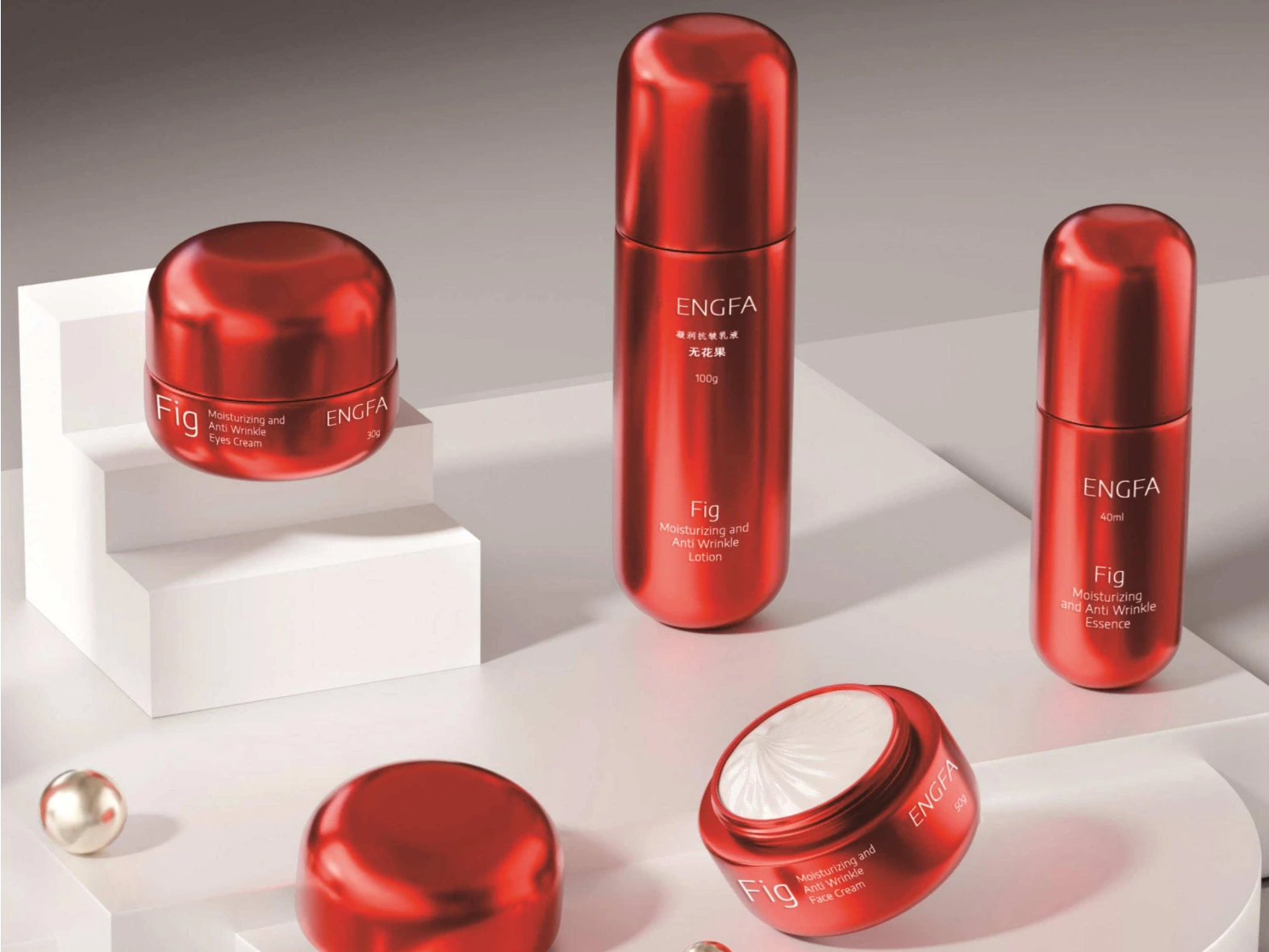 Set mit metallisch-roten, kugelförmigen Hautpflegeverpackungen | 120/100/40 ml Lotionfläschchen &amp; 50/30 ml Cremetiegel für feuchtigkeitsspendende Anti-Falten-Pflege 1