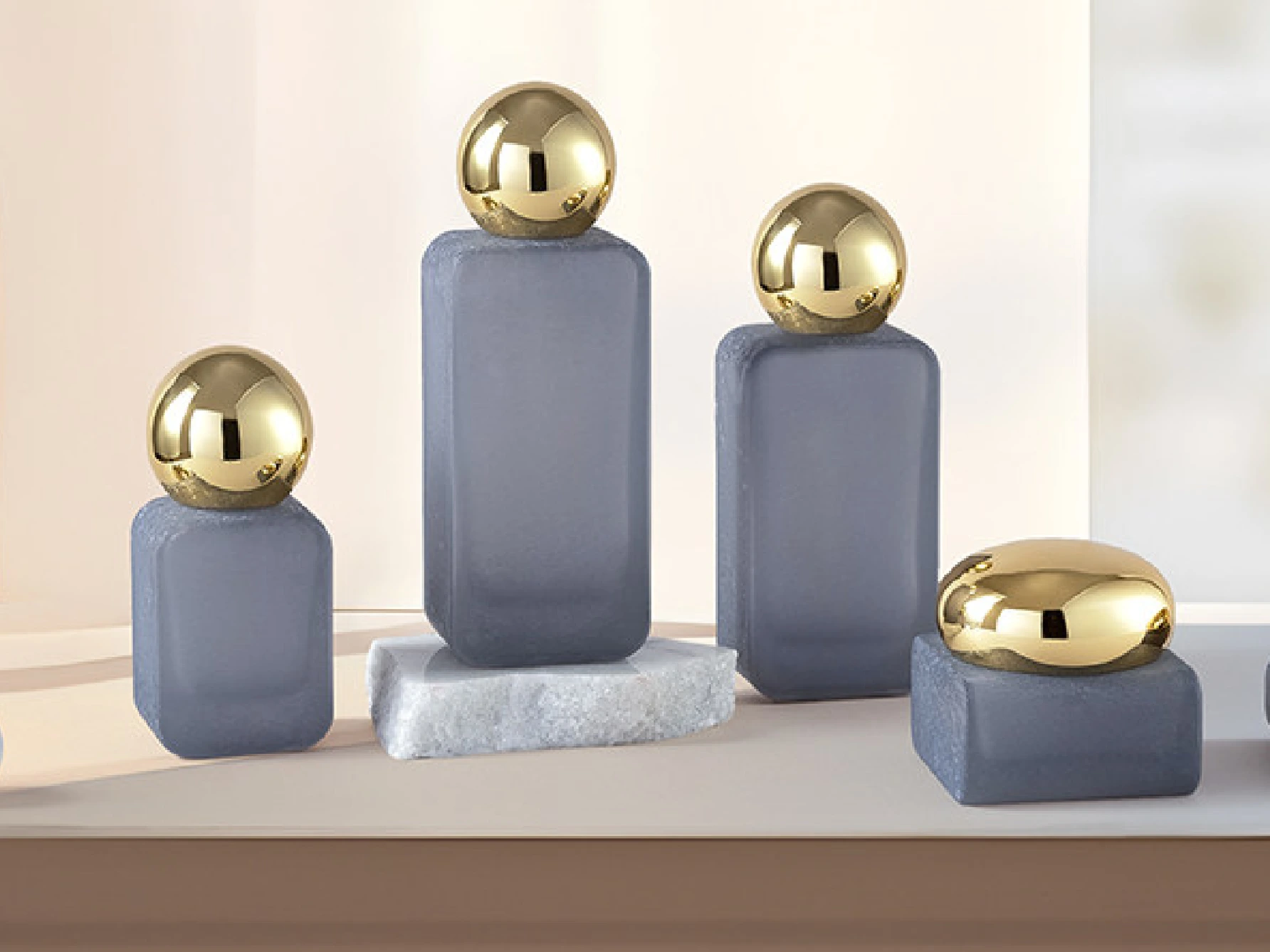 Matte Grey Stone-Like with Gold Ball Cap Skincare Packaging Set | 120/100/40ml Bottles & 50/30g Jars for Minimalist Calming Lines 1