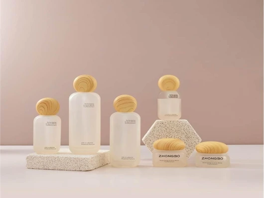 Matte Milky White with Natural Wood Cap Skincare Packaging Set | 120/100/50/30ml Bottles & 50/30g Jars for Gentle Skincare Lines 1