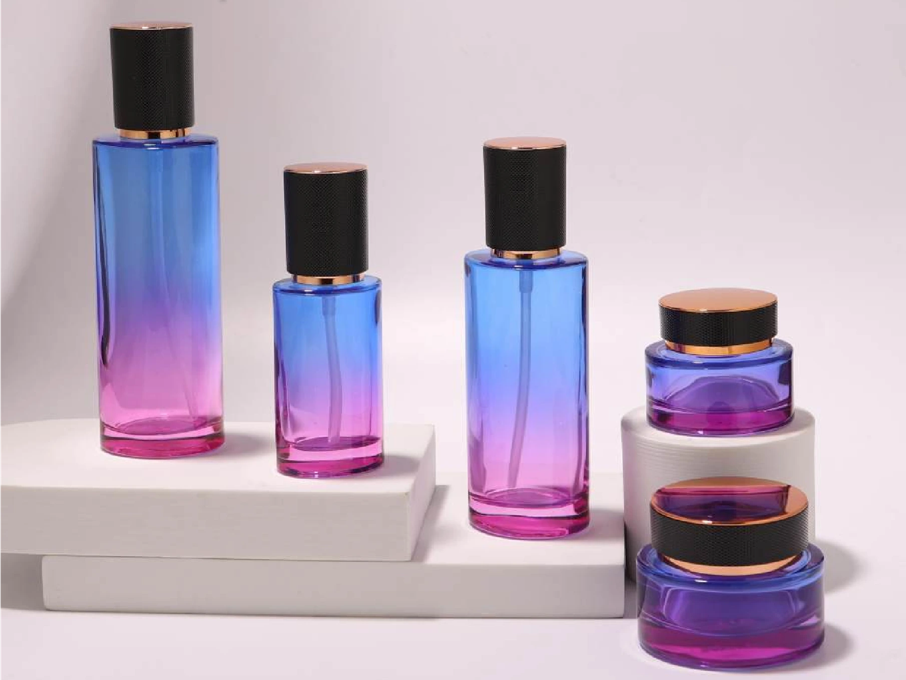 GlamorousPack Customizable Blue and Purple Gradient 120ml 100ml 40ml 50g 30g 15g Personal Care Skincare Facial Care Glass Packaging Set 1
