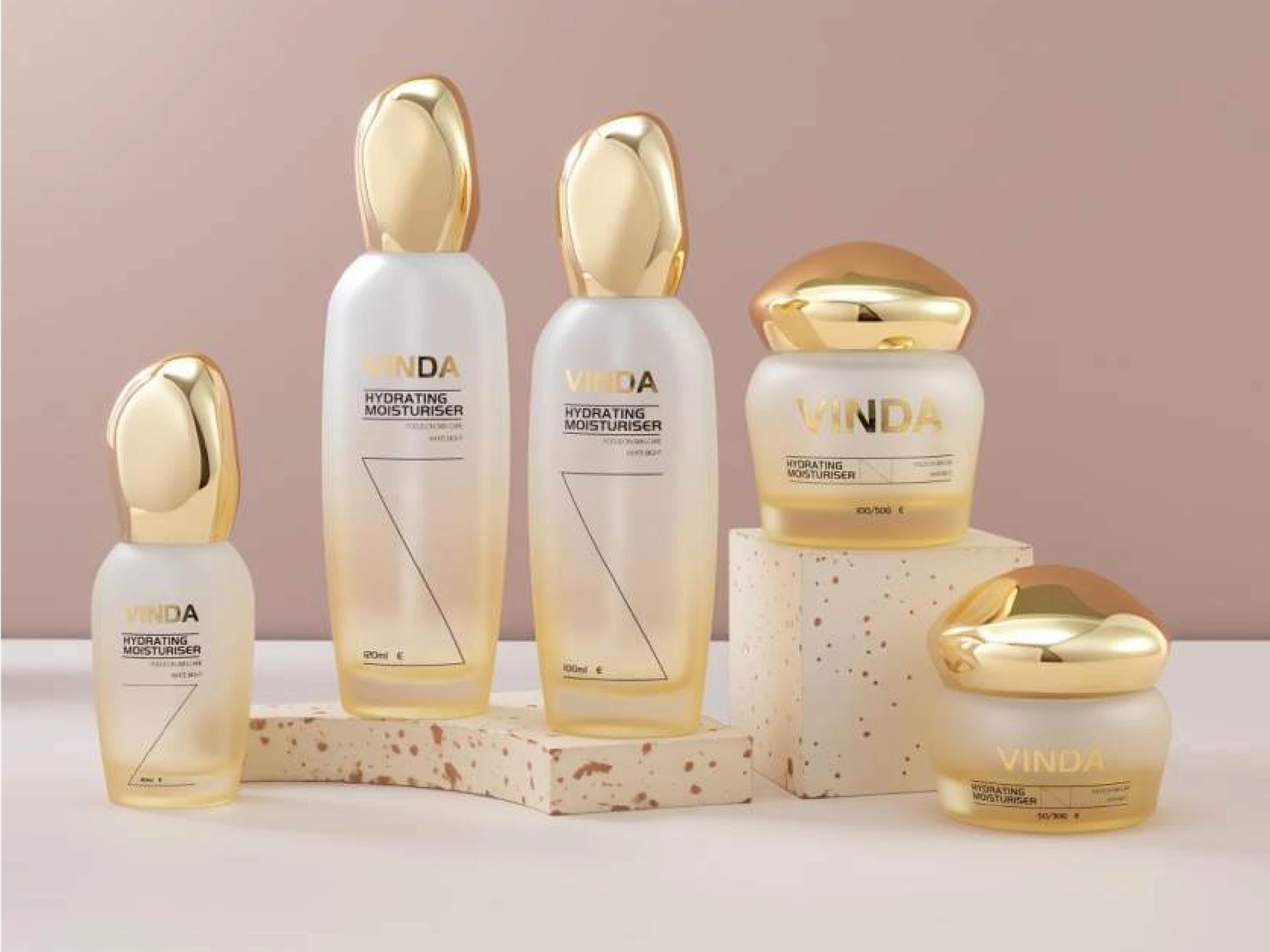 Set de envases para el cuidado de la piel con acabado degradado melocotón y tapa dorada en forma de lágrima | Botellas de 120/100/40 ml y tarros de 100/50/30 g para líneas de hidratación 1