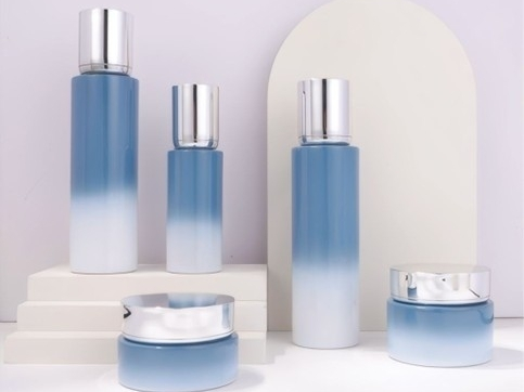 Blue-White Gradient with Silver Cap Skincare Packaging Set | 120/100/40ml Bottles & 50/30g Jars for Calming Hydrating Lines 1
