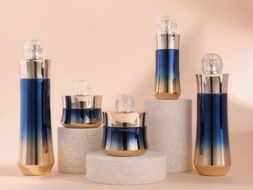 Blue-Gold Gradient with Crystal Cap Skincare Packaging Set | 120/100/40ml Bottles & 50/30g Jars for Luxury Anti-Aging Lines 1