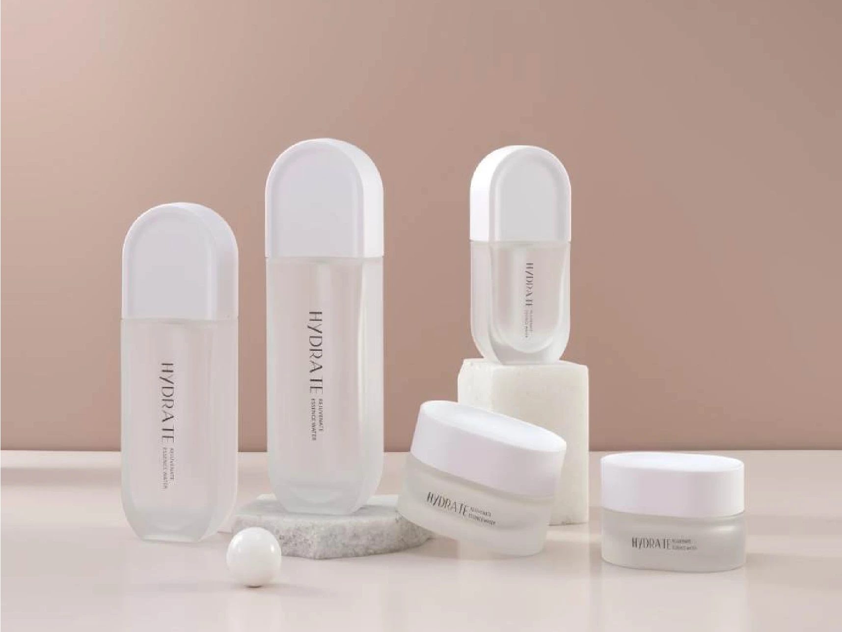 Matte Frosted White Capsule-Style Skincare Packaging Set | 120/100/40ml Bottles & 50/30g Jars for Hydrating Lines 1