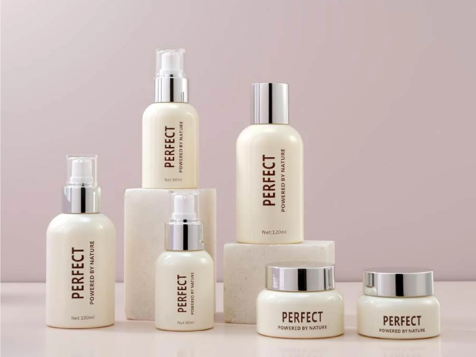 Cream White Matte Skincare Packaging Set with Silver Cap | 120/100/60/40ml Bottles & 50/30g Jars for Natural Gentle Lines 1