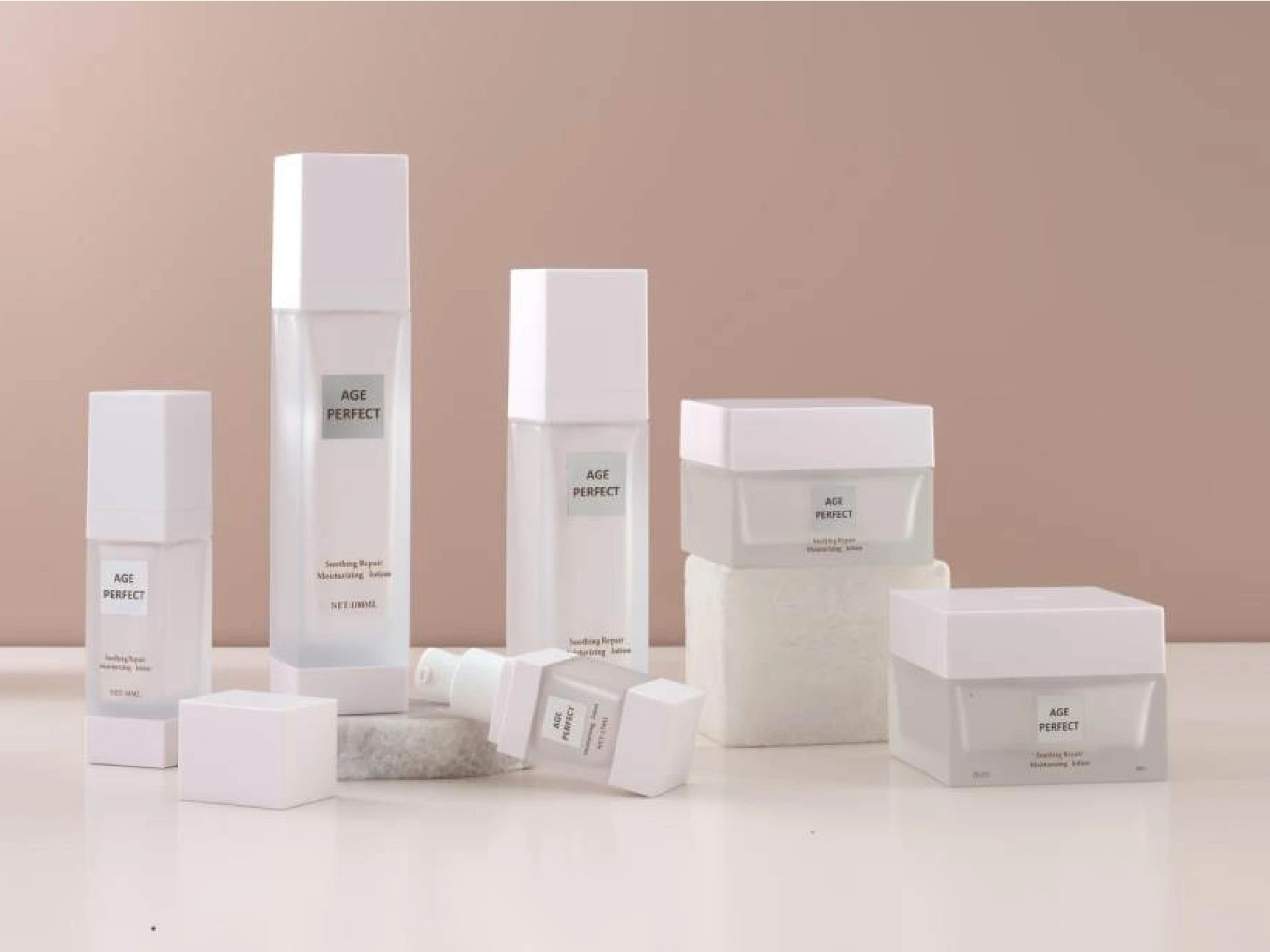 Matte White & Transparent Square Skincare Packaging Set | 100/80/30/15ml Bottles & 50/30g Jars for Anti-Aging Lines 1