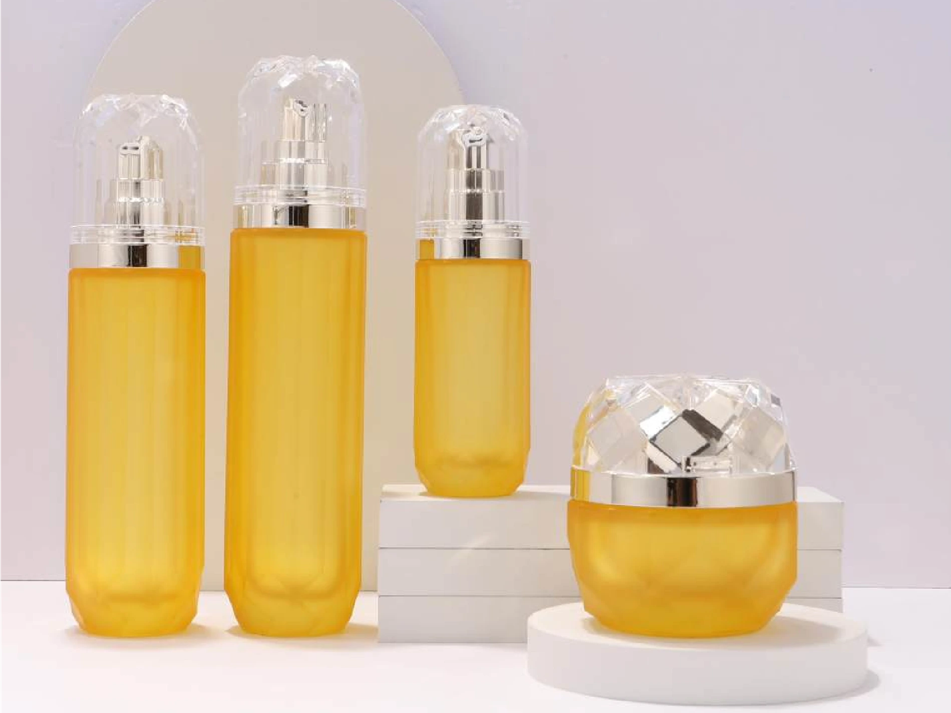 Light Blue Gradient Skincare Packaging Set with Shiny Silver Caps | 120/100/40ml Bottles & 50g Jar for Refreshing Hydrating Lines 1