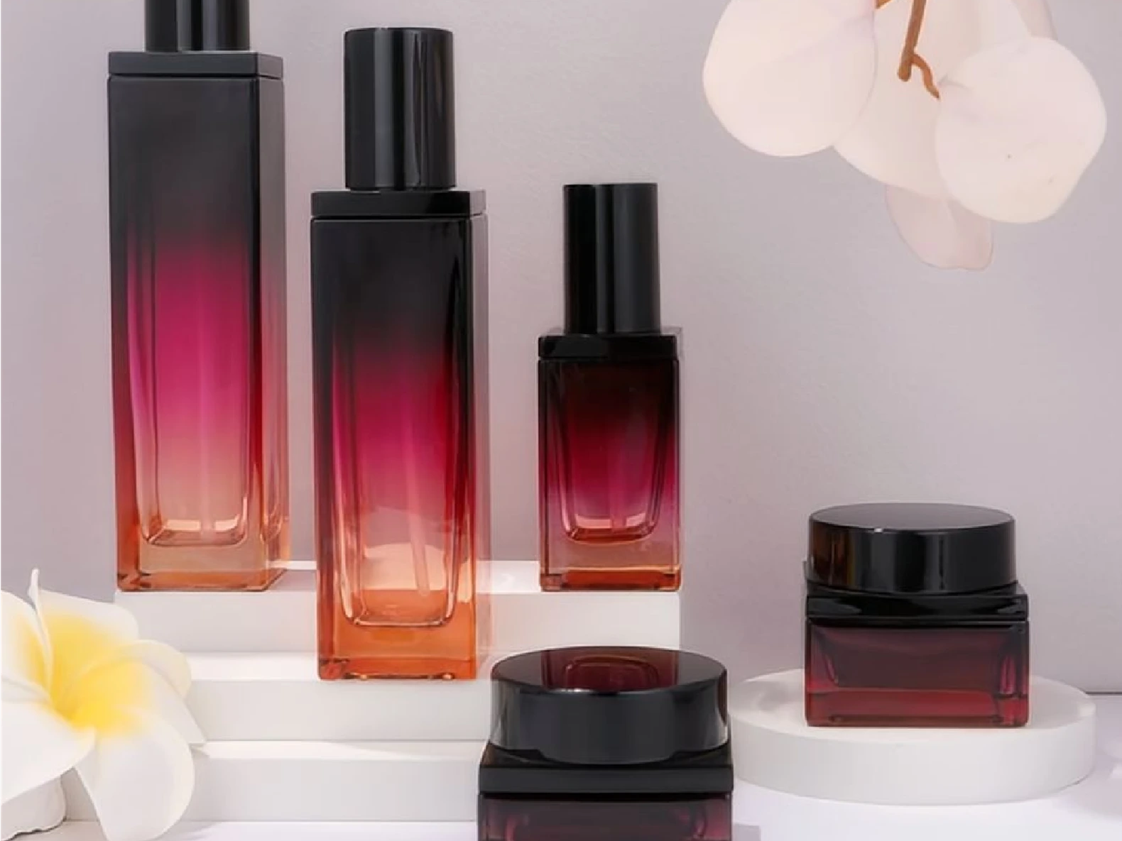 Black-Red-Orange Gradient Square Skincare Packaging Set with Glossy Black Caps | 120/100/40ml Bottles & 50/30g Jars for Anti-Aging Lines 1