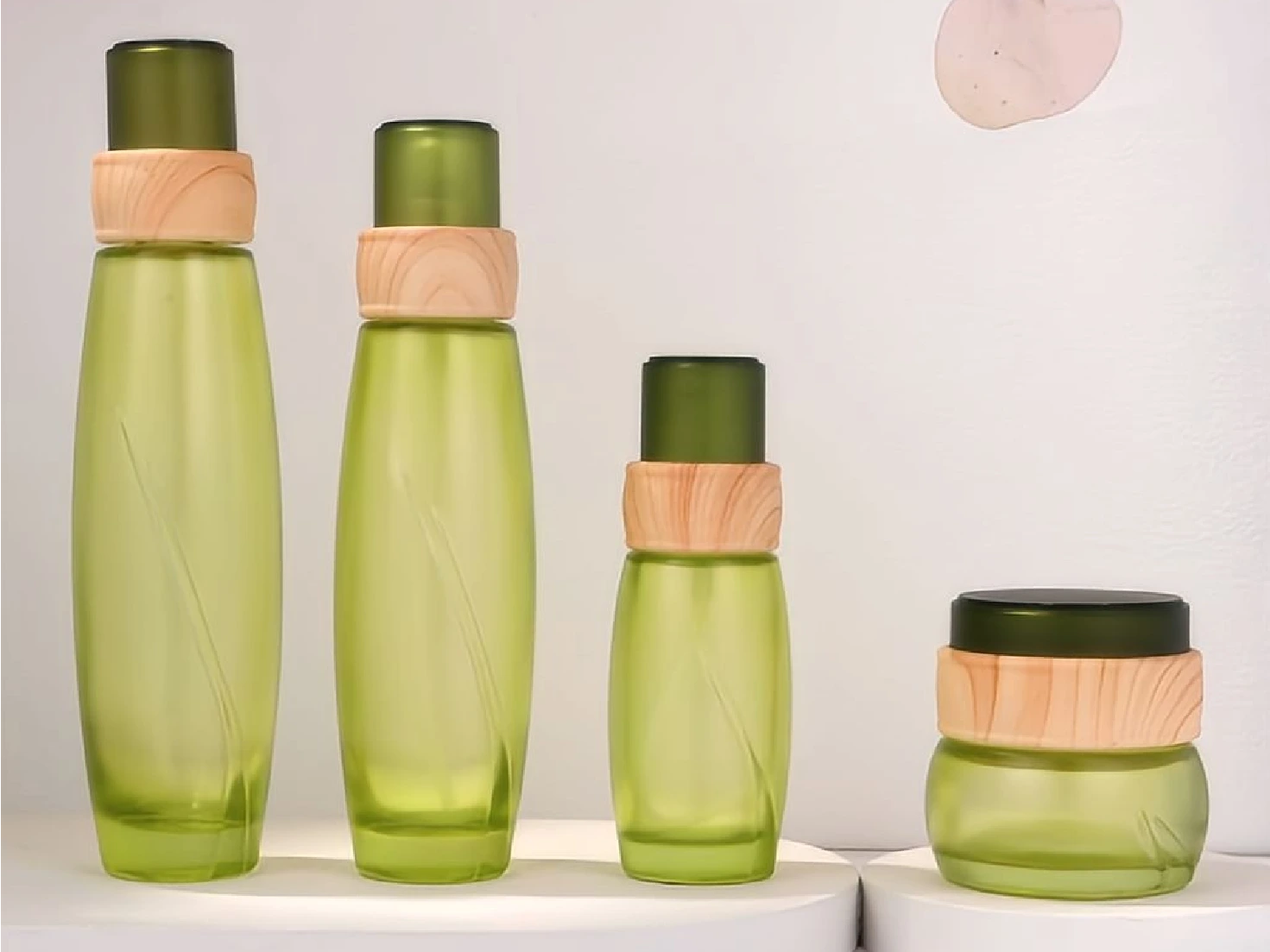Green Matte Skincare Packaging Set with Wood Accent Rings | 130/100/40ml Bottles & 50g Jar for Natural Botanical Lines 1