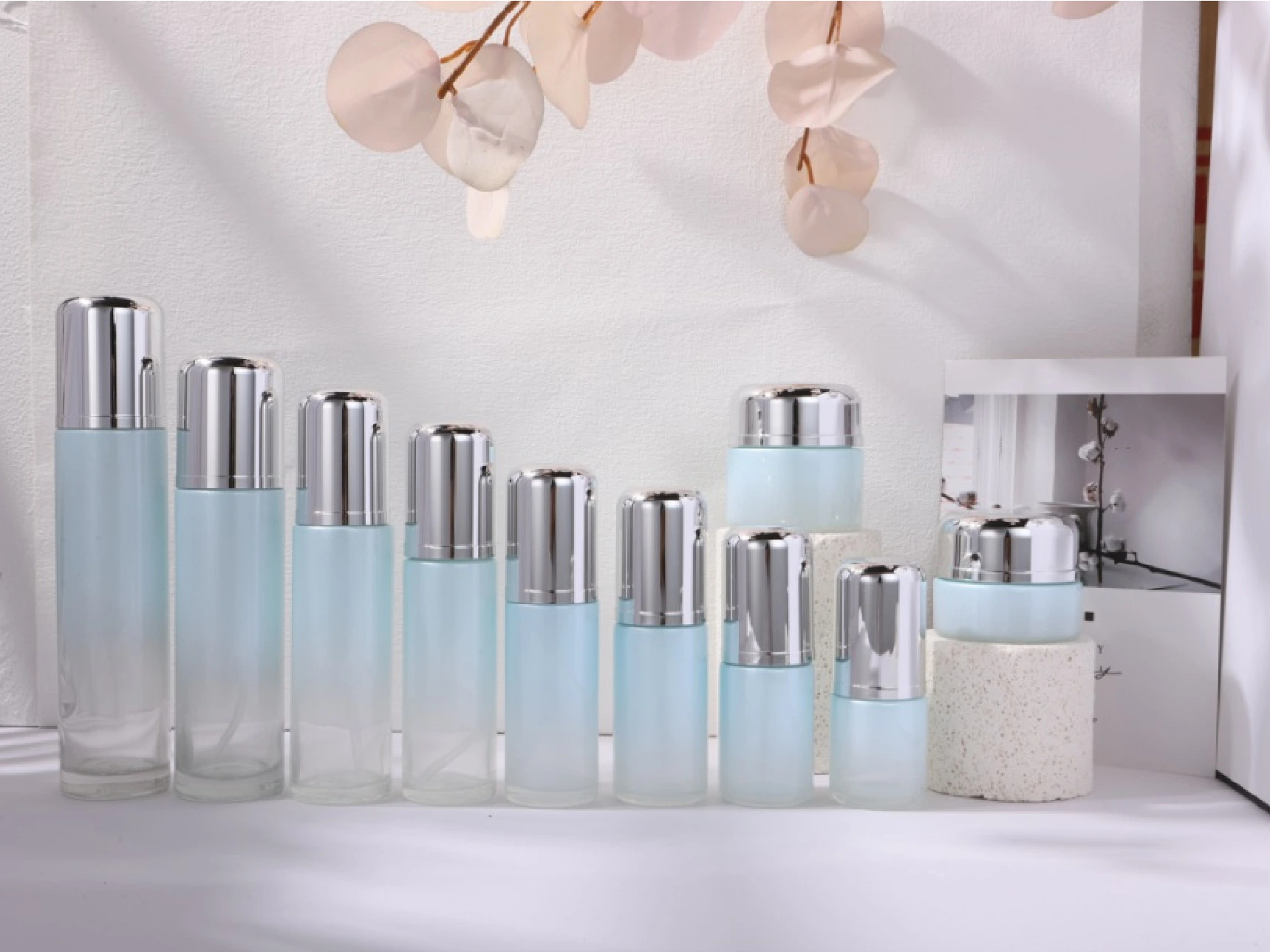 Light Blue Gradient Skincare Packaging Set with Shiny Silver Caps | 120/100/80/60/50/40/30/20ml Bottles & 50/30g Jars for Refreshing Hydrating Lines 1