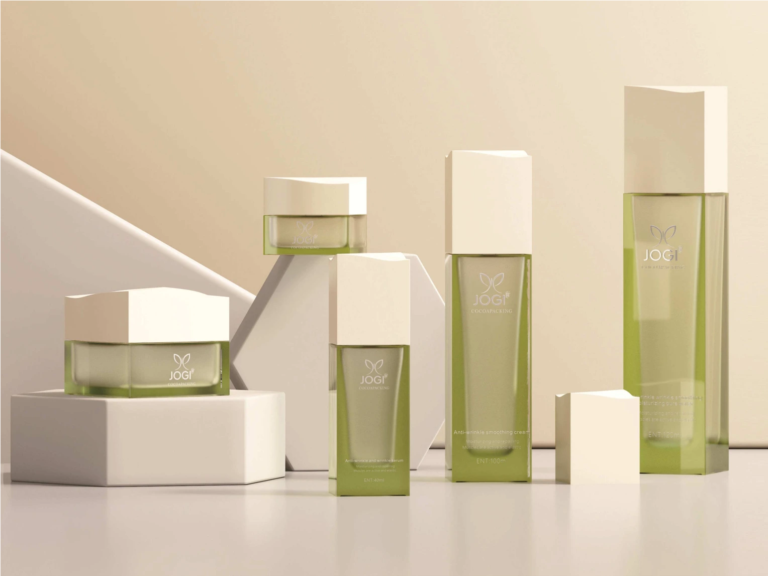 Green Gradient Skincare Packaging Set with Matte Off-White Caps | 120/100/40ml Lotion Bottles & 50/30ml Cream Jars for Natural Lines 1