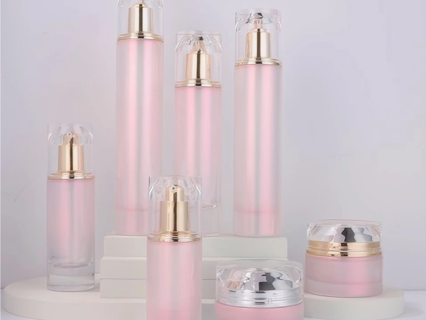 Soft Pink Matte Skincare Packaging Set with Crystal & Gold Caps | 120/100/80/50/30ml Bottles & 50/30g Jars for Gentle Skincare Lines 1