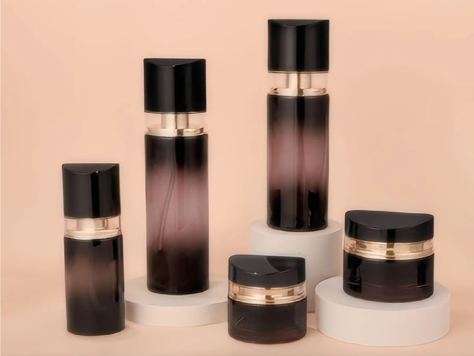 Dark Plum Gradient Skincare Packaging Set with Glossy Black & Gold Caps | 120/100/40ml Bottles & 50/30g Jars for Premium Anti-Aging Lines 1
